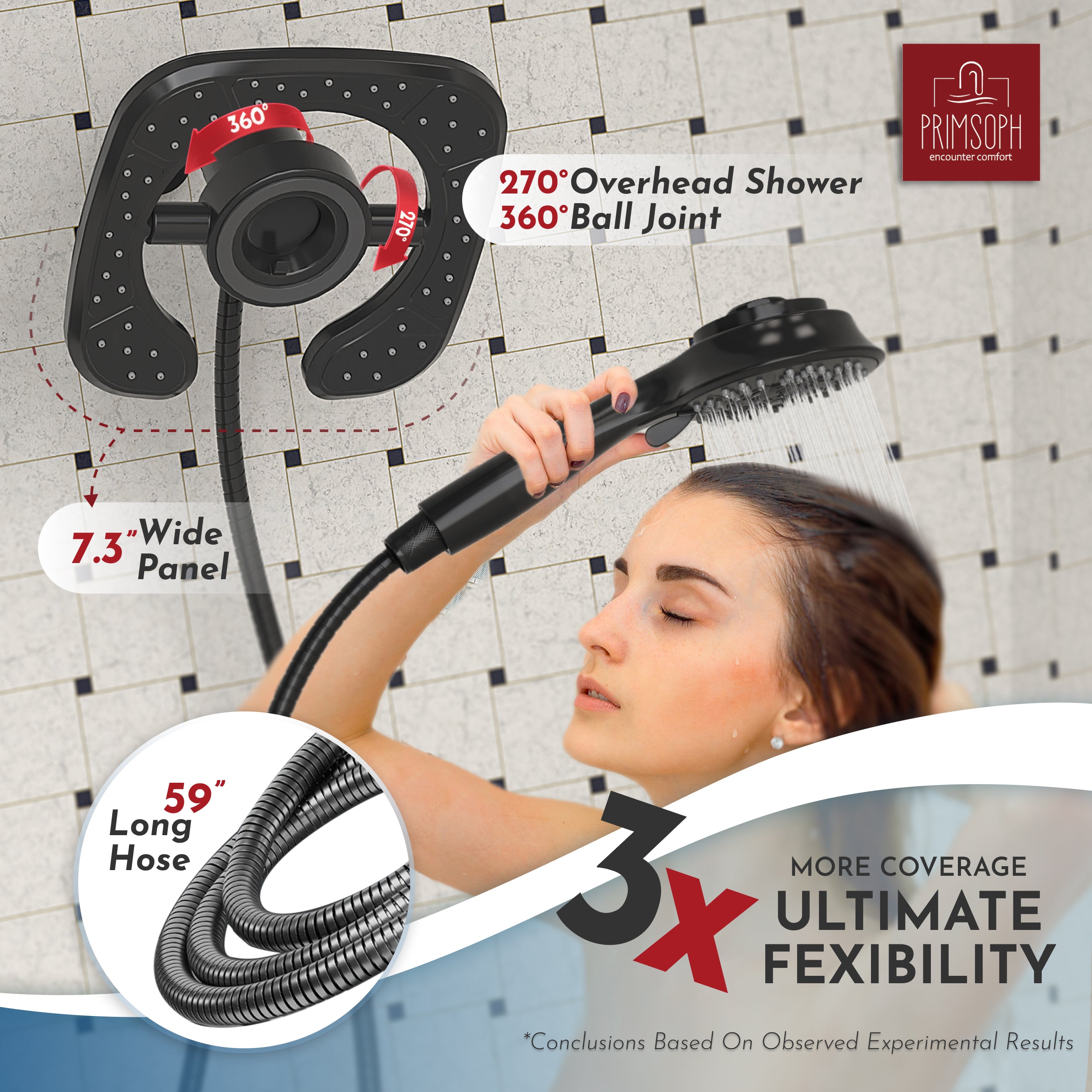 PRIMSOPH 10-Mode High Pressure Handheld and Square Rainfall Shower Head with Magnetic Docking and Stainless Steel Hose, Matte Black