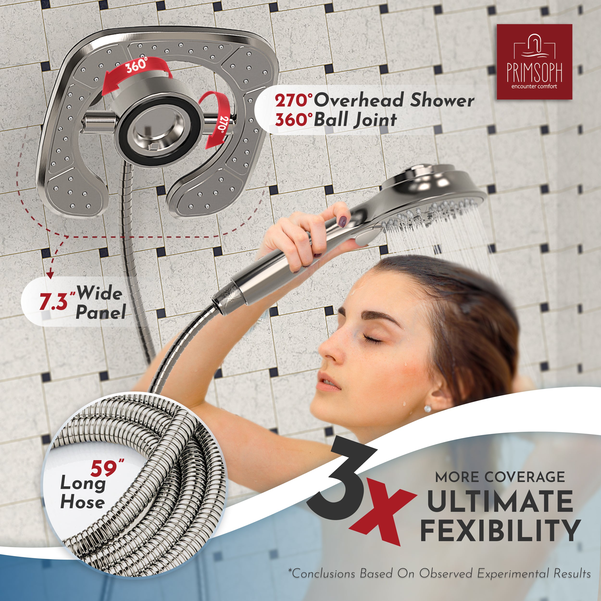 PRIMSOPH 10-Mode High Pressure Handheld and Square Rainfall Shower Head with Magnetic Docking and Stainless Steel Hose, Brushed Nickel