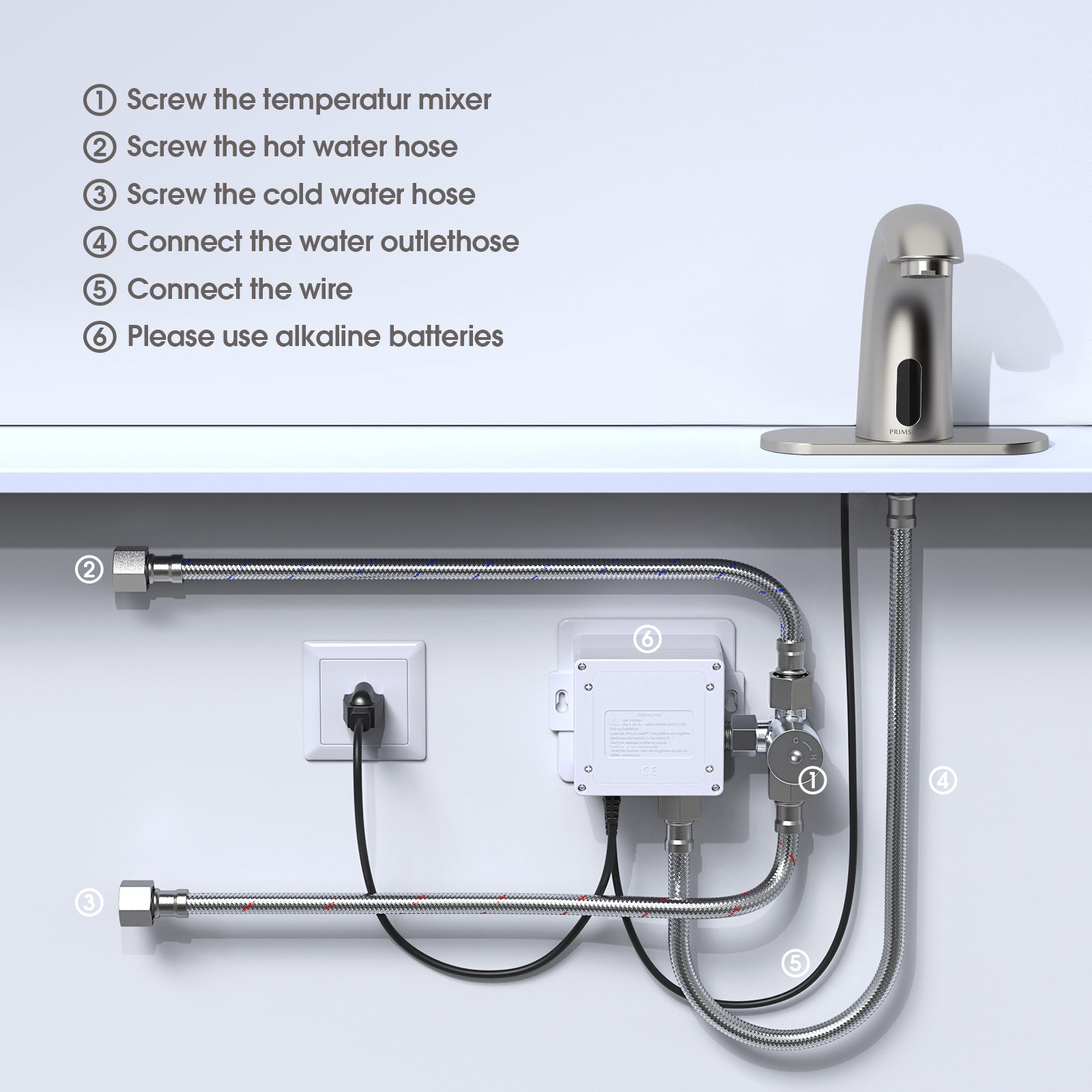 PRIMSOPH Model 8012 Battery and Plug-In Powered Touchless Faucet with Temperature Mixer, Brushed Nickel