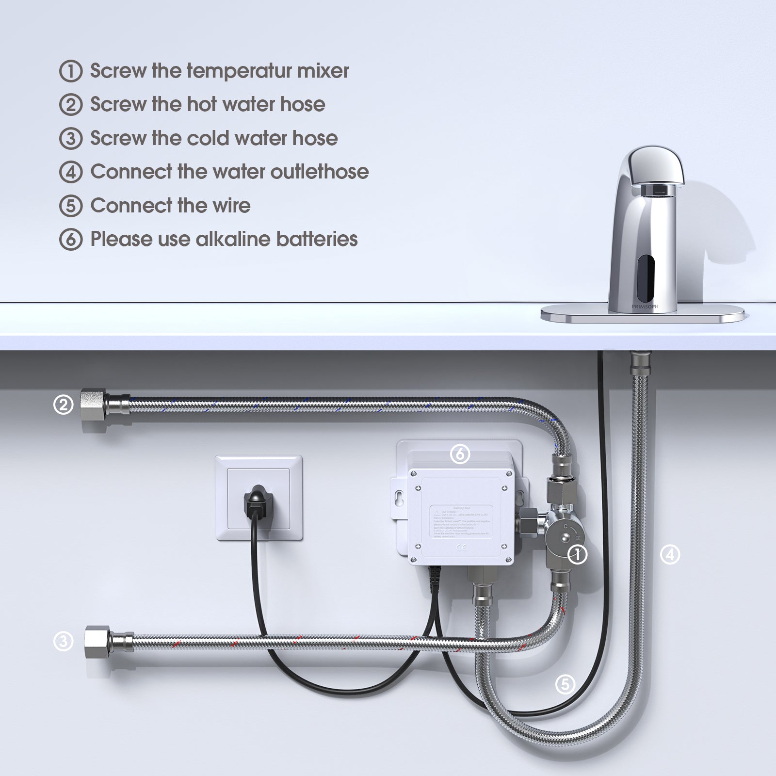 PRIMSOPH Model 8012 Battery and Plug-In Powered Touchless Faucet with Temperature Mixer, Chrome