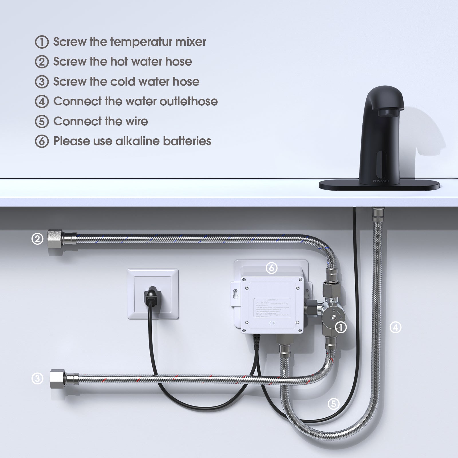 PRIMSOPH Model 8012 Battery and Plug-In Powered Touchless Faucet with Temperature Mixer, Matte Black