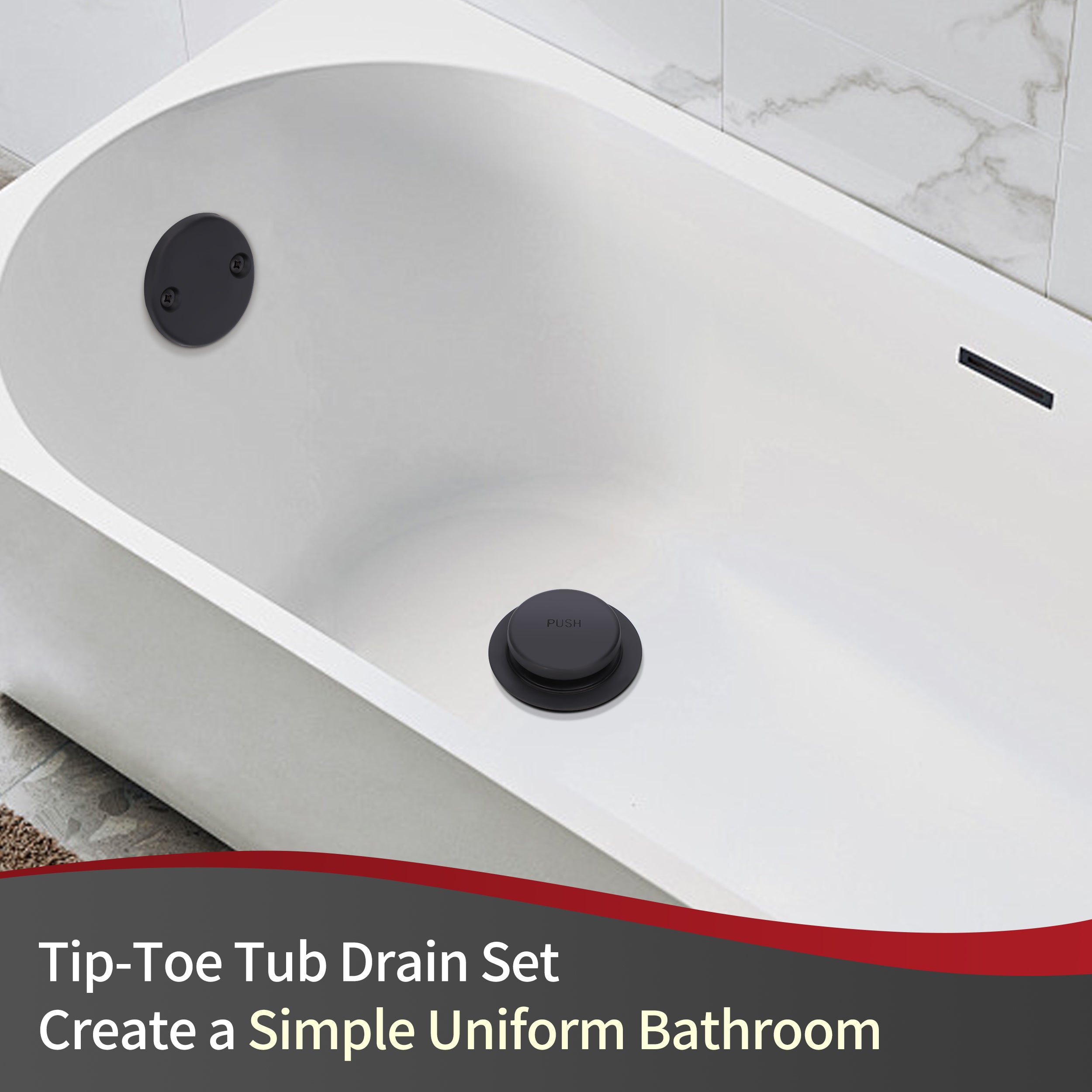 PRIMSOPH Tip-Toe Tub Drain Trim Kit with Two Hole Overflow Faceplate, Matte Black