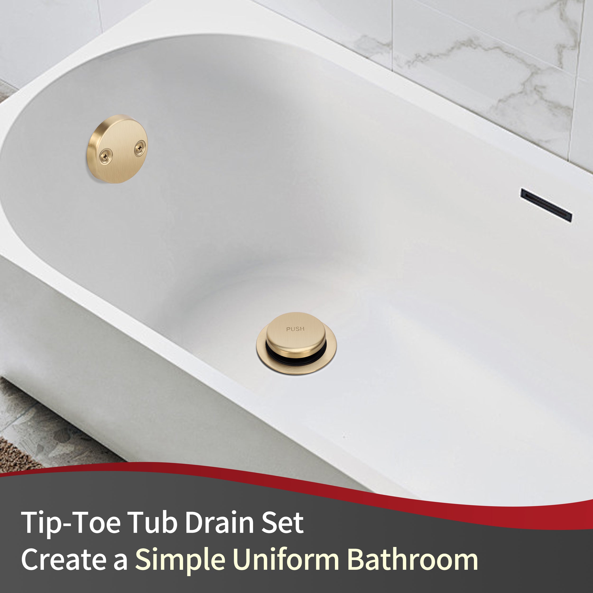 PRIMSOPH Tip-Toe Tub Drain Trim Kit with Two Hole Overflow Faceplate, Brushed Gold