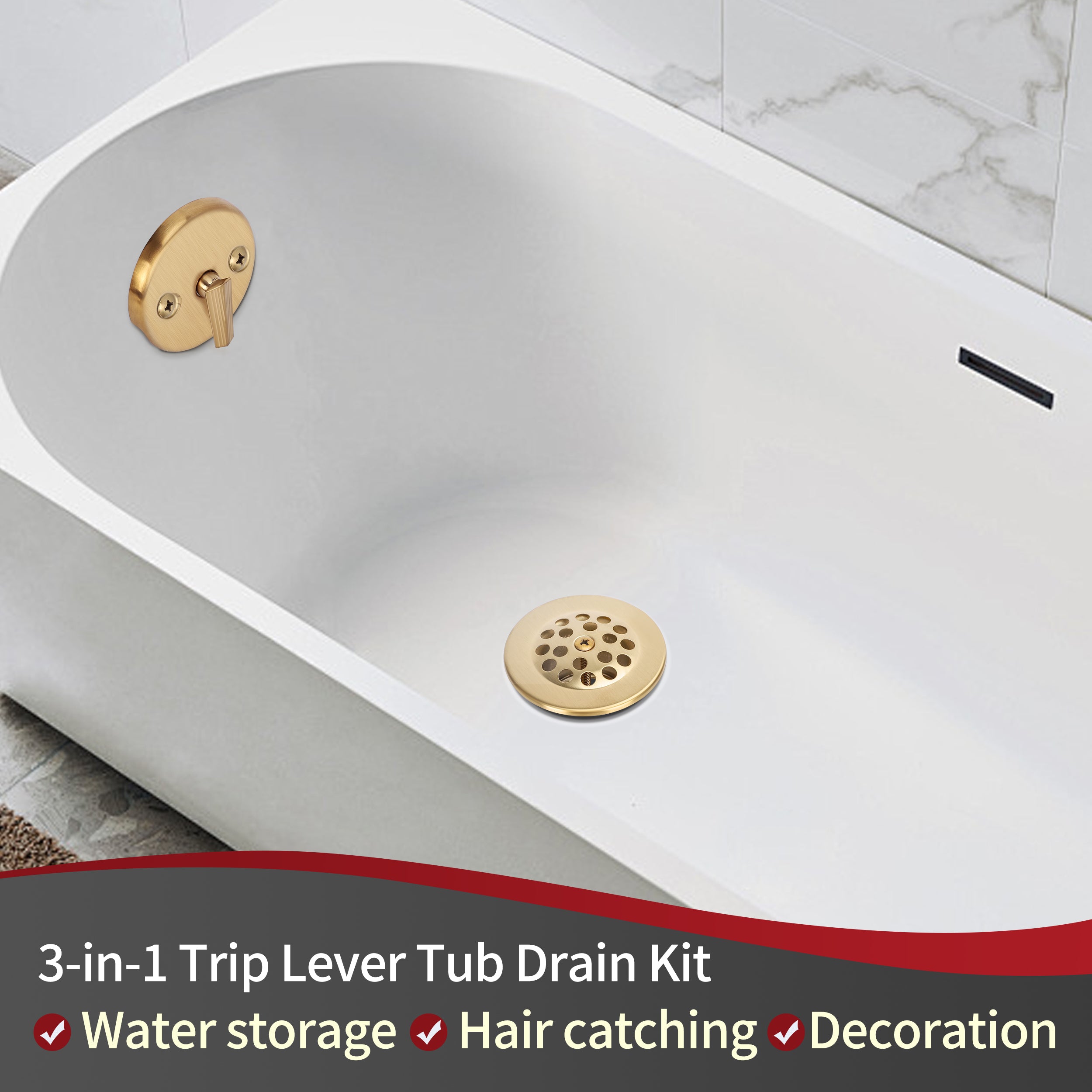 PRIMSOPH Grid Strainer Tub Drain Trim Kit with Three Hole Trip Lever Overflow Faceplate and Linkage, Brushed Gold