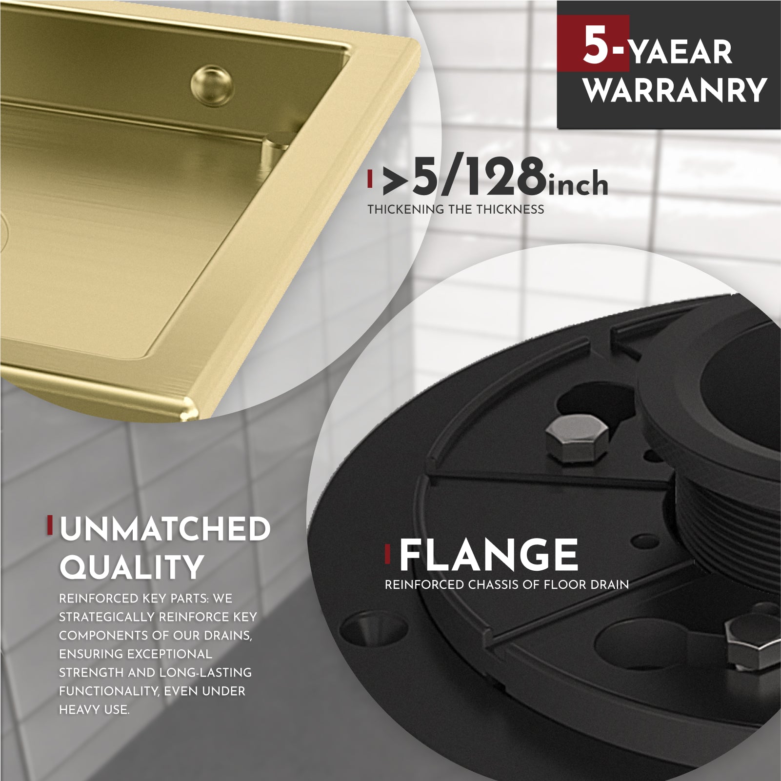 WEBANG 4 Inch Reversible 2-in-1 Square Shower Drain With Flange, Brushed Gold