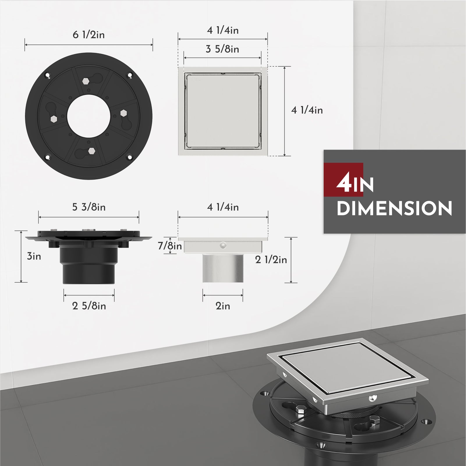 WEBANG 4 Inch Reversible 2-in-1 Square Shower Drain With Flange, Brushed Stainless Steel