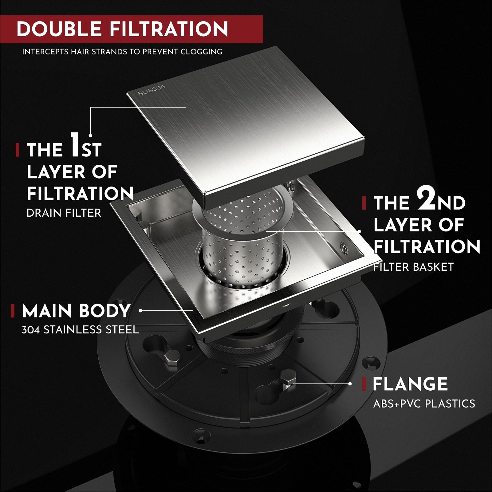 WEBANG 4 Inch Reversible 2-in-1 Square Shower Drain With Flange, Brushed Stainless Steel