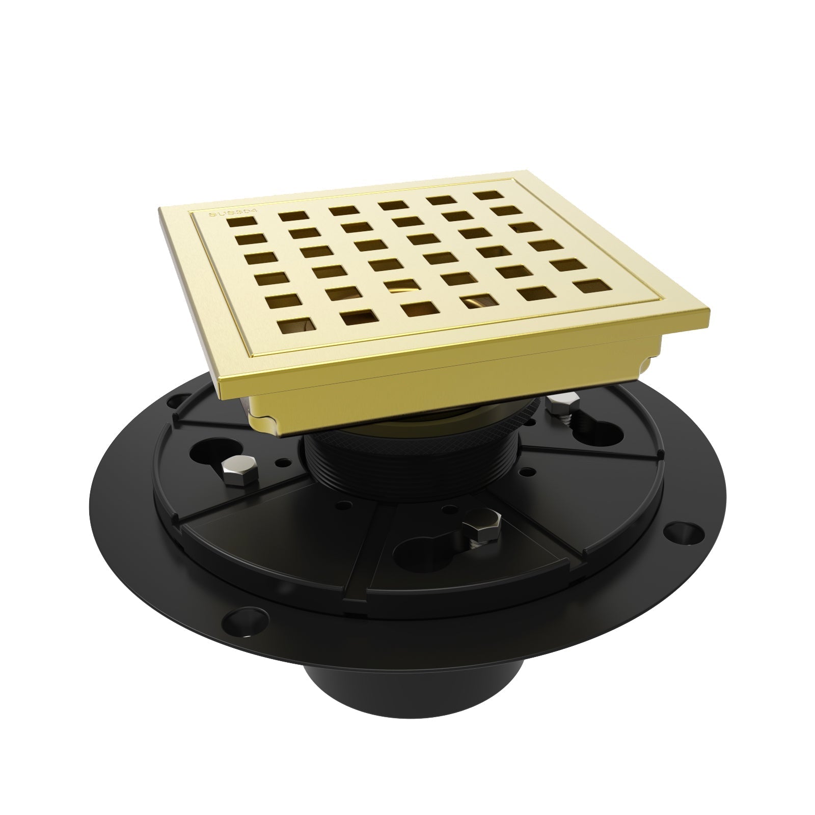 WEBANG 4 Inch Square Hole Pattern Square Shower Drain With Flange, Brushed Gold