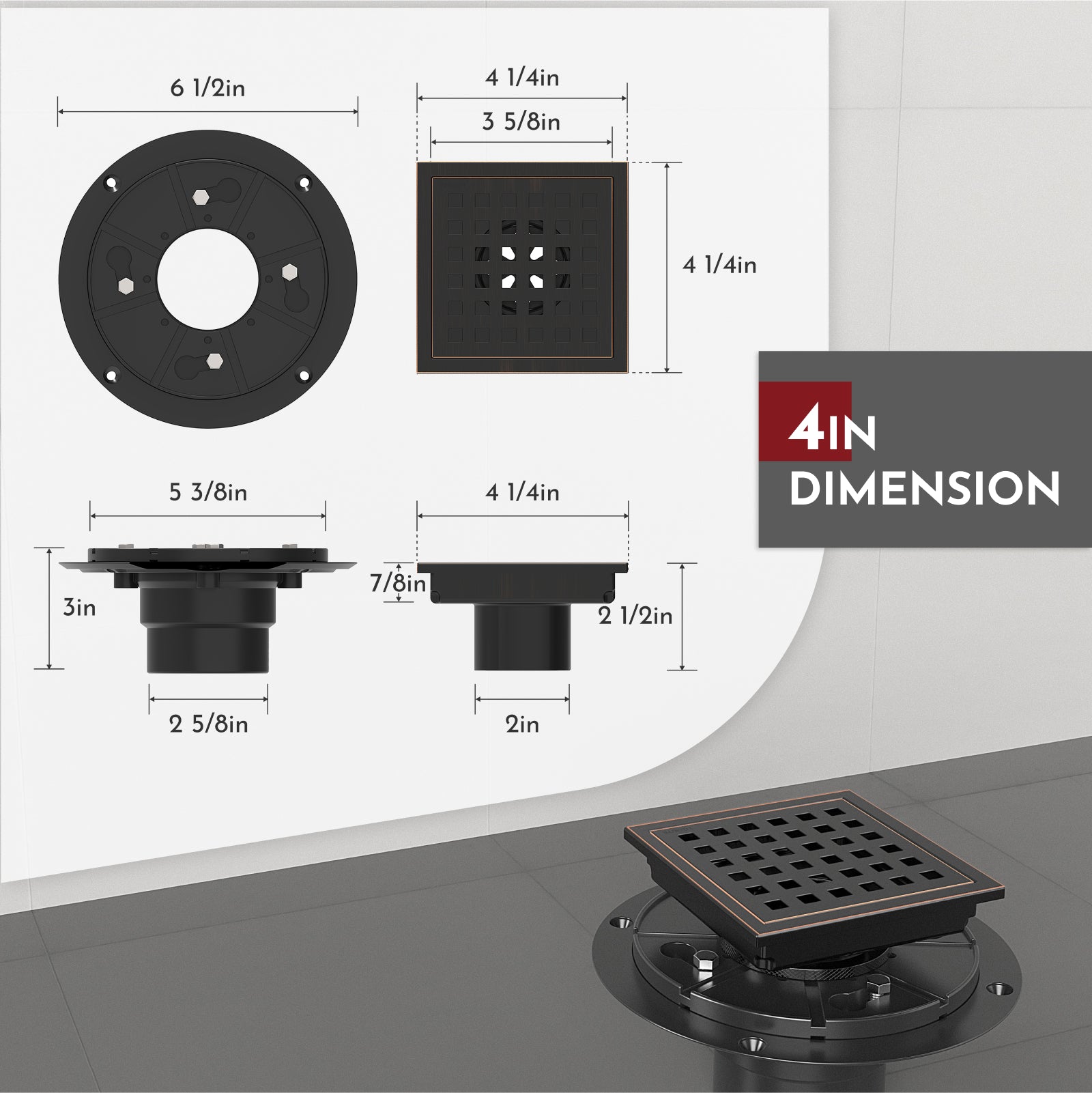 WEBANG 4 Inch Square Hole Pattern Square Shower Drain With Flange, Oil Rubbed Bronze