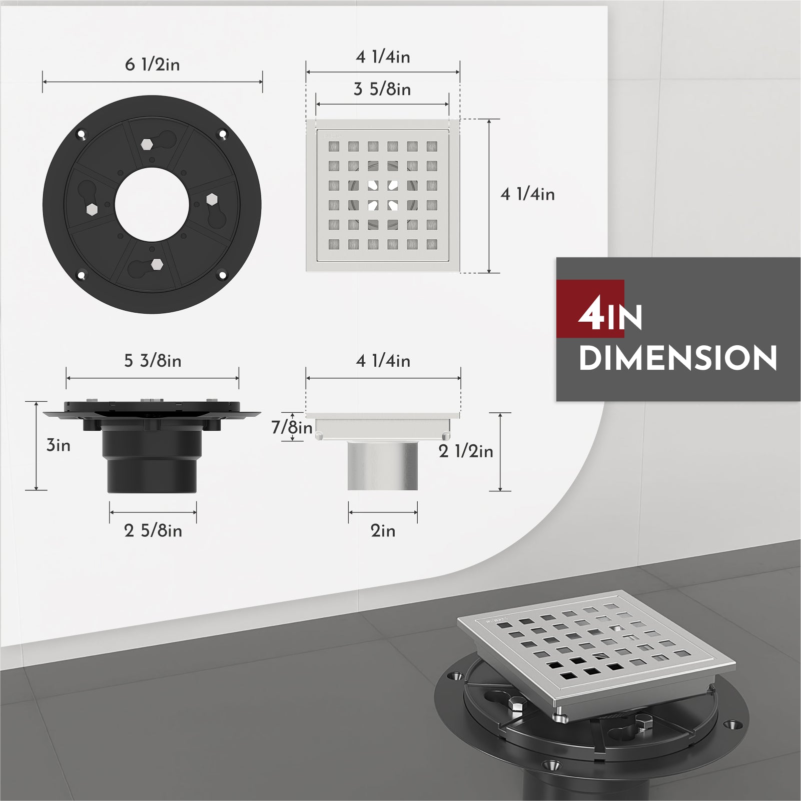 WEBANG 4 Inch Wide Frame Square Hole Pattern Square Shower Drain With Flange, Brushed Stainless Steel