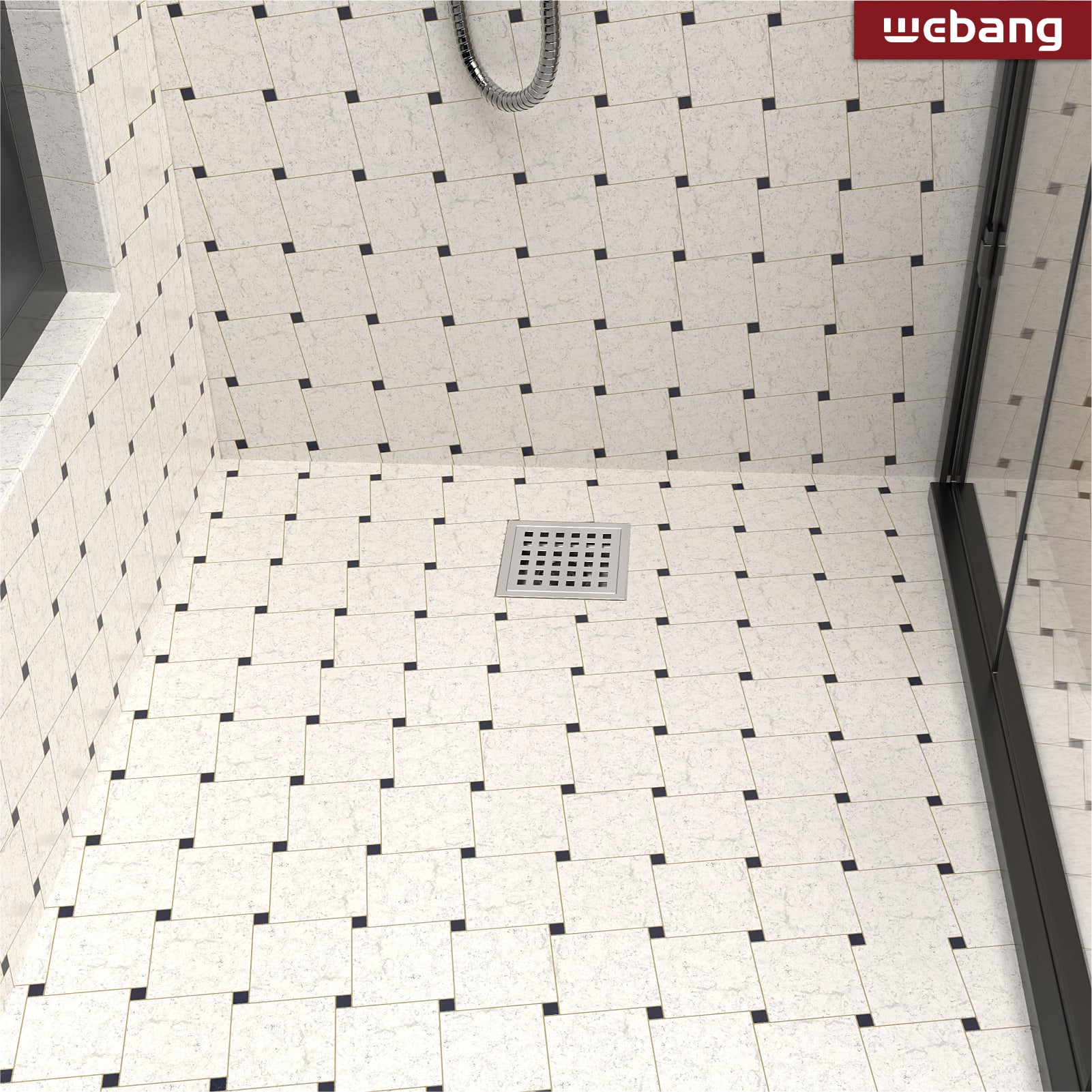 WEBANG 4 Inch Wide Frame Square Hole Pattern Square Shower Drain With Flange, Brushed Stainless Steel