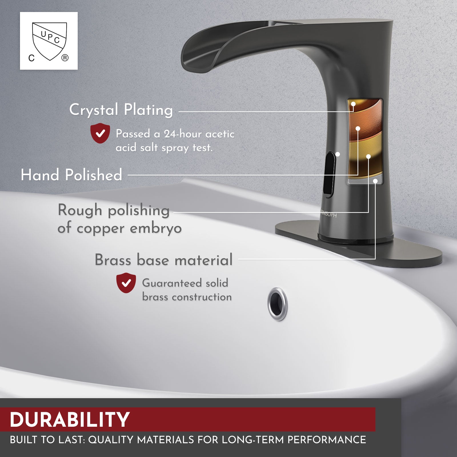 PRIMSOPH Waterfall Touchless Faucet with Temperature Mixer and Battery & Plug-In Power, Matte Black