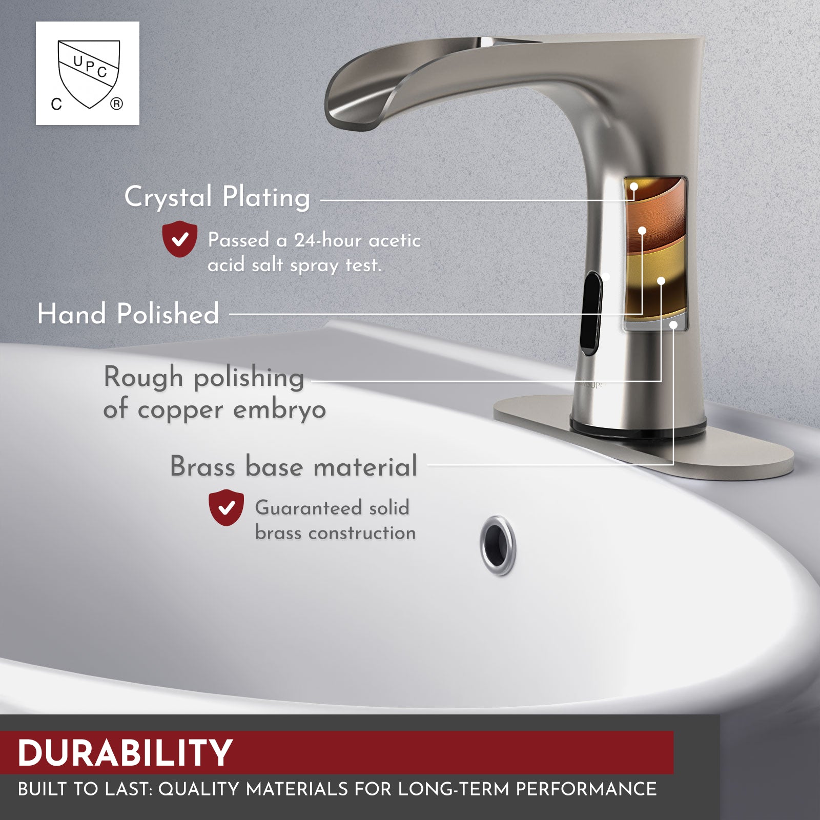 PRIMSOPH Waterfall Touchless Faucet with Temperature Mixer and Battery & Plug-In Power, Brushed Nickel