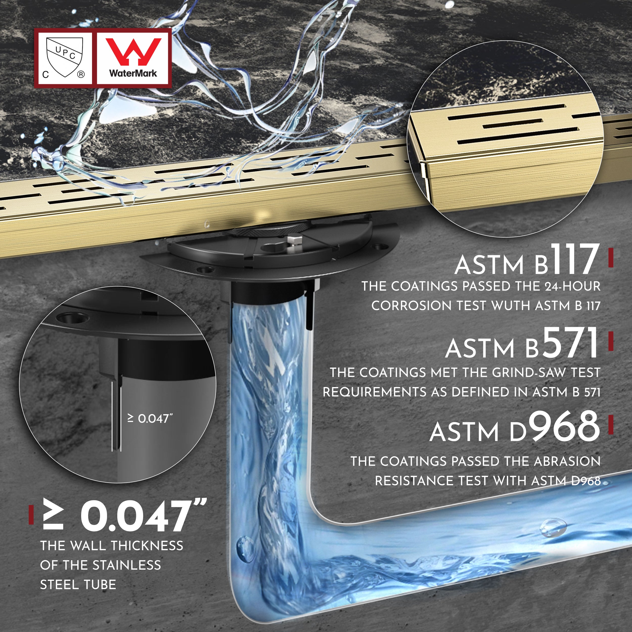 WEBANG 12 Inch Rainline Pattern Linear Shower Drain With Accessories, Brushed Gold