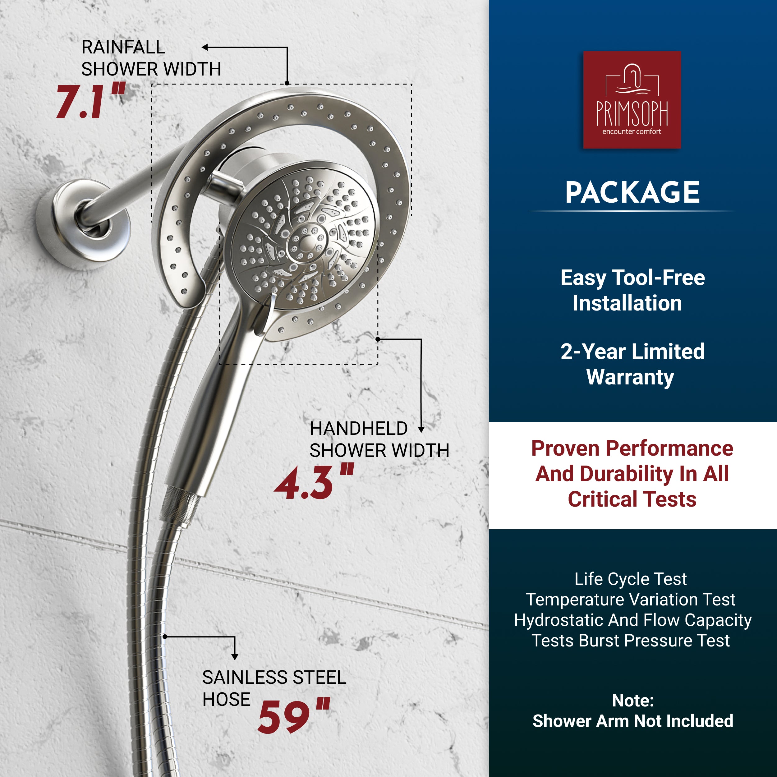 PRIMSOPH 10-Mode High Pressure Handheld and Round Rainfall Shower Head with Magnetic Docking and Stainless Steel Hose, Brushed Nickel