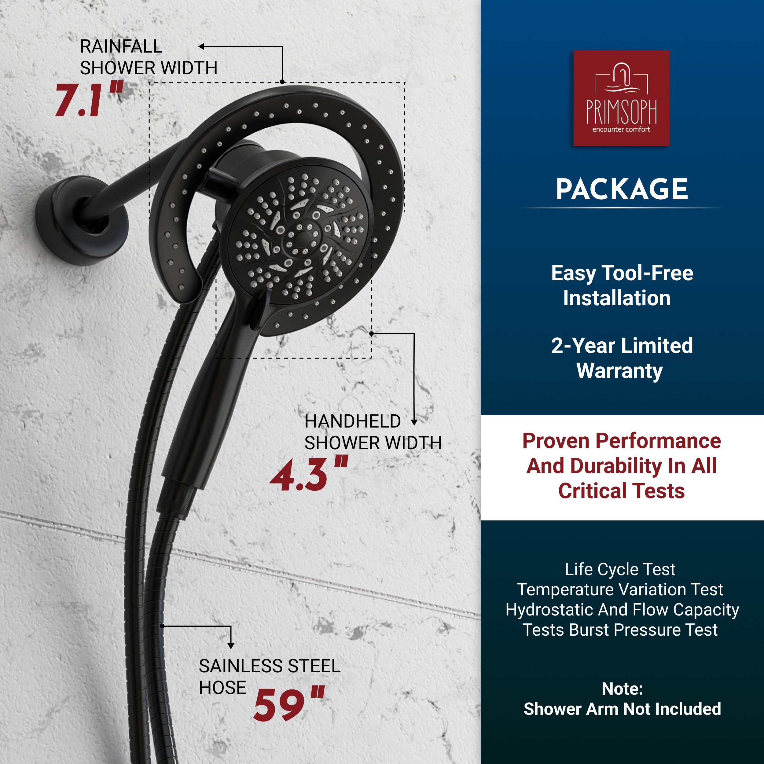 PRIMSOPH 10-Mode High Pressure Handheld and Round Rainfall Shower Head with Magnetic Docking and Stainless Steel Hose, Matte Black