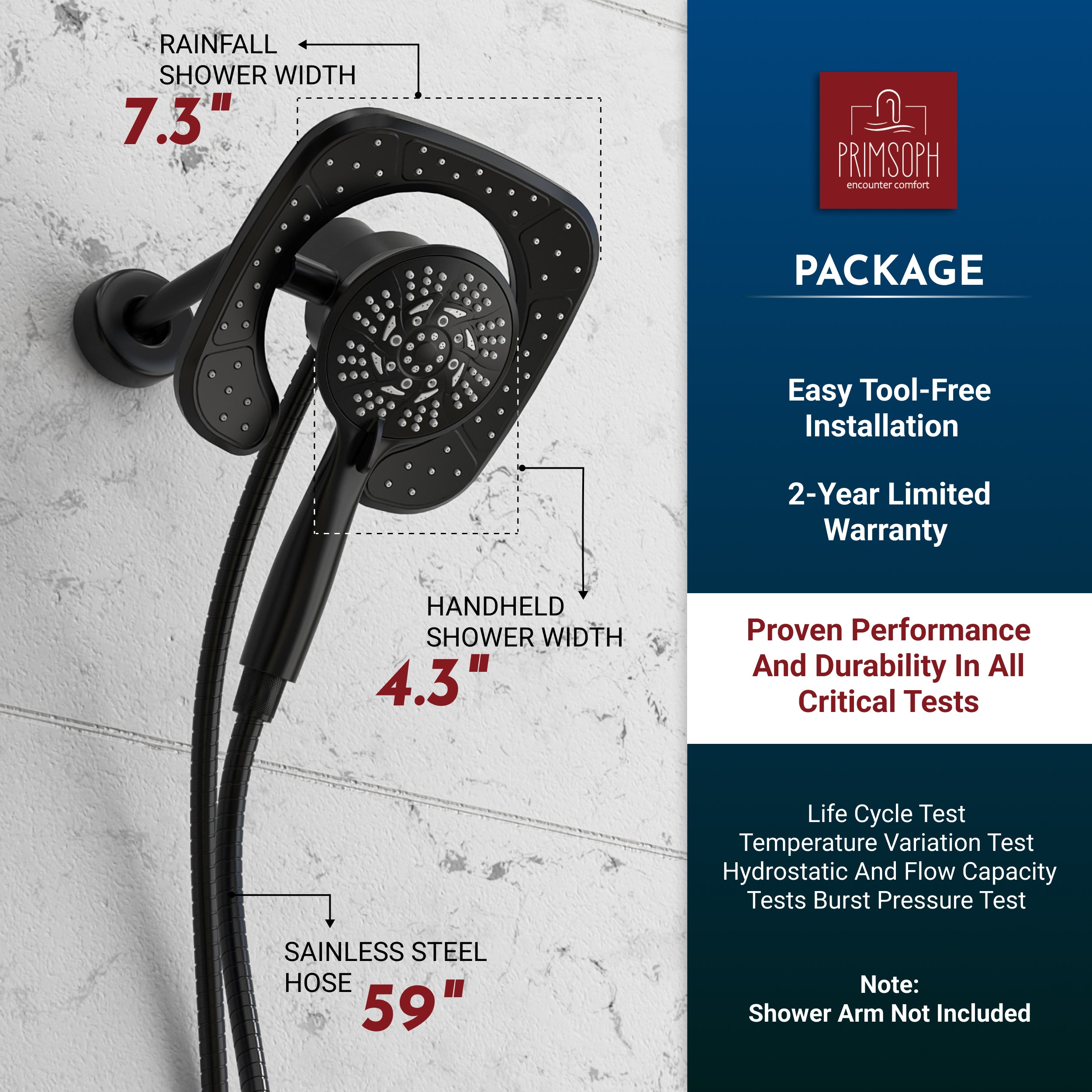 PRIMSOPH 10-Mode High Pressure Handheld and Square Rainfall Shower Head with Magnetic Docking and Stainless Steel Hose, Matte Black