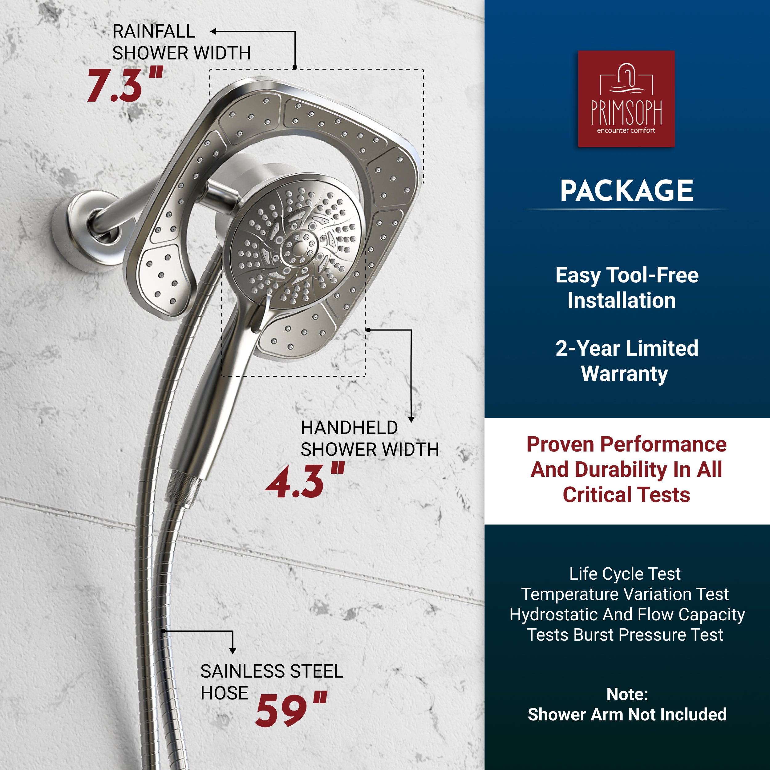 PRIMSOPH 10-Mode High Pressure Handheld and Square Rainfall Shower Head with Magnetic Docking and Stainless Steel Hose, Brushed Nickel