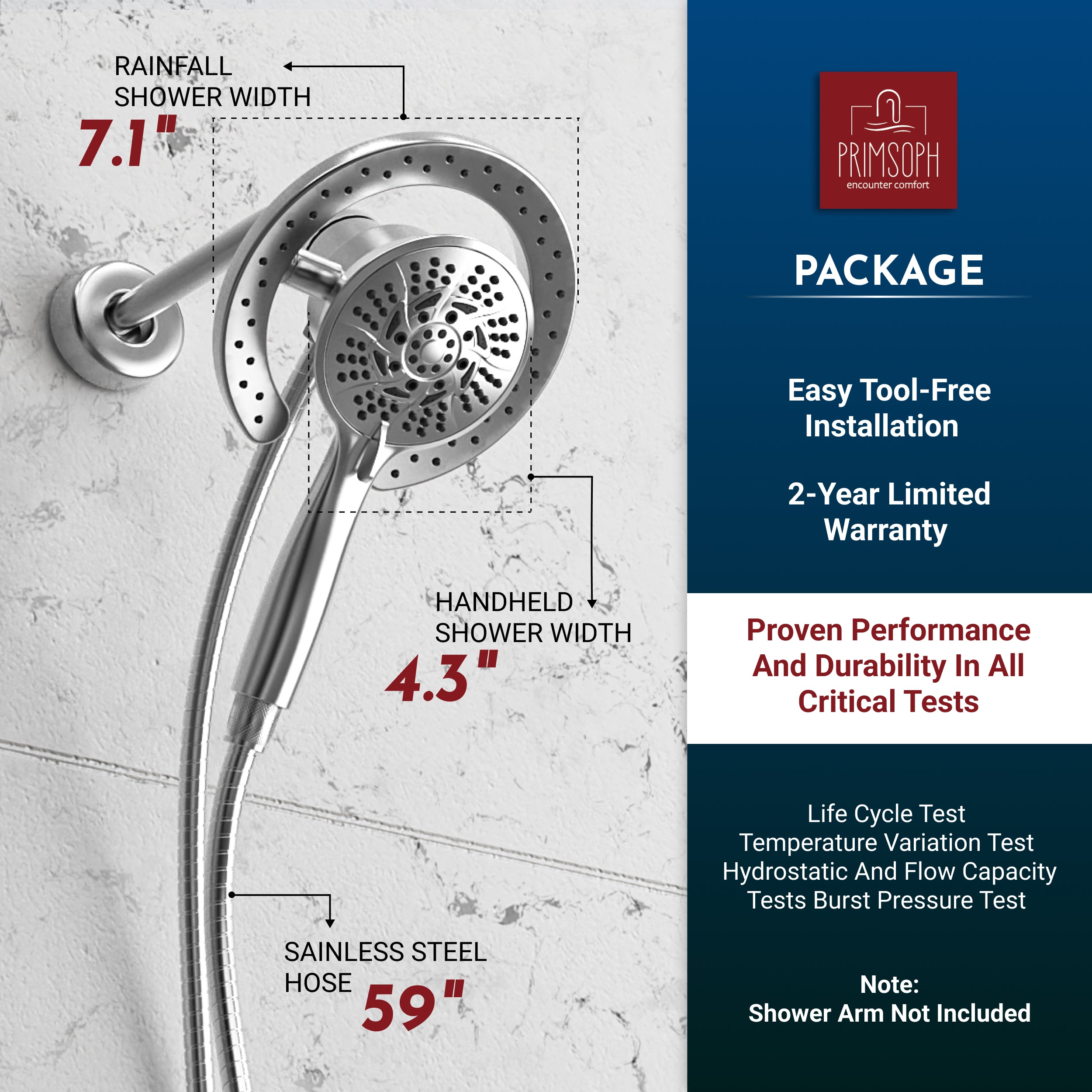 PRIMSOPH 10-Mode High Pressure Handheld and Round Rainfall Shower Head with Magnetic Docking and Stainless Steel Hose, Chrome