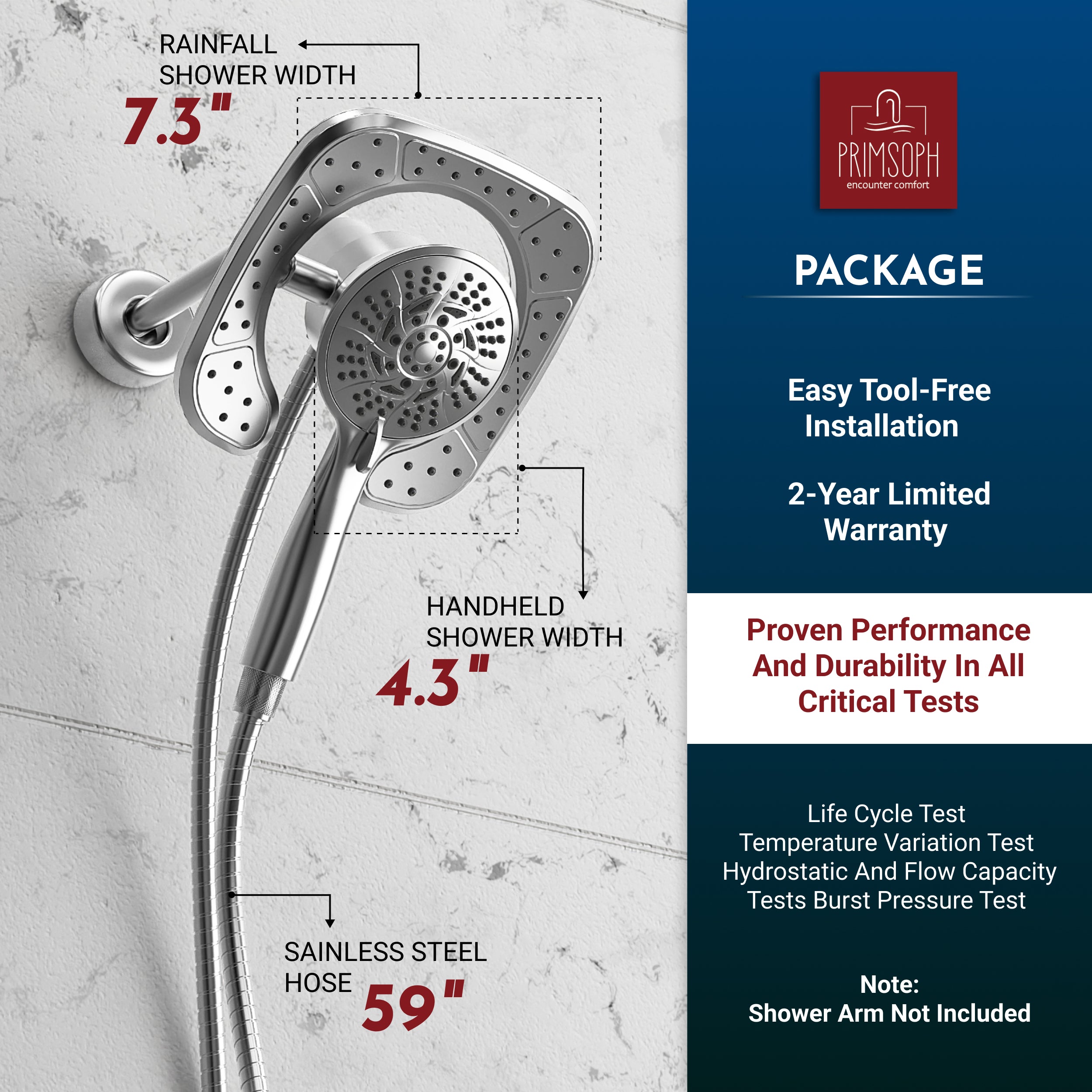 PRIMSOPH 10-Mode High Pressure Handheld and Square Rainfall Shower Head with Magnetic Docking and Stainless Steel Hose, Chrome