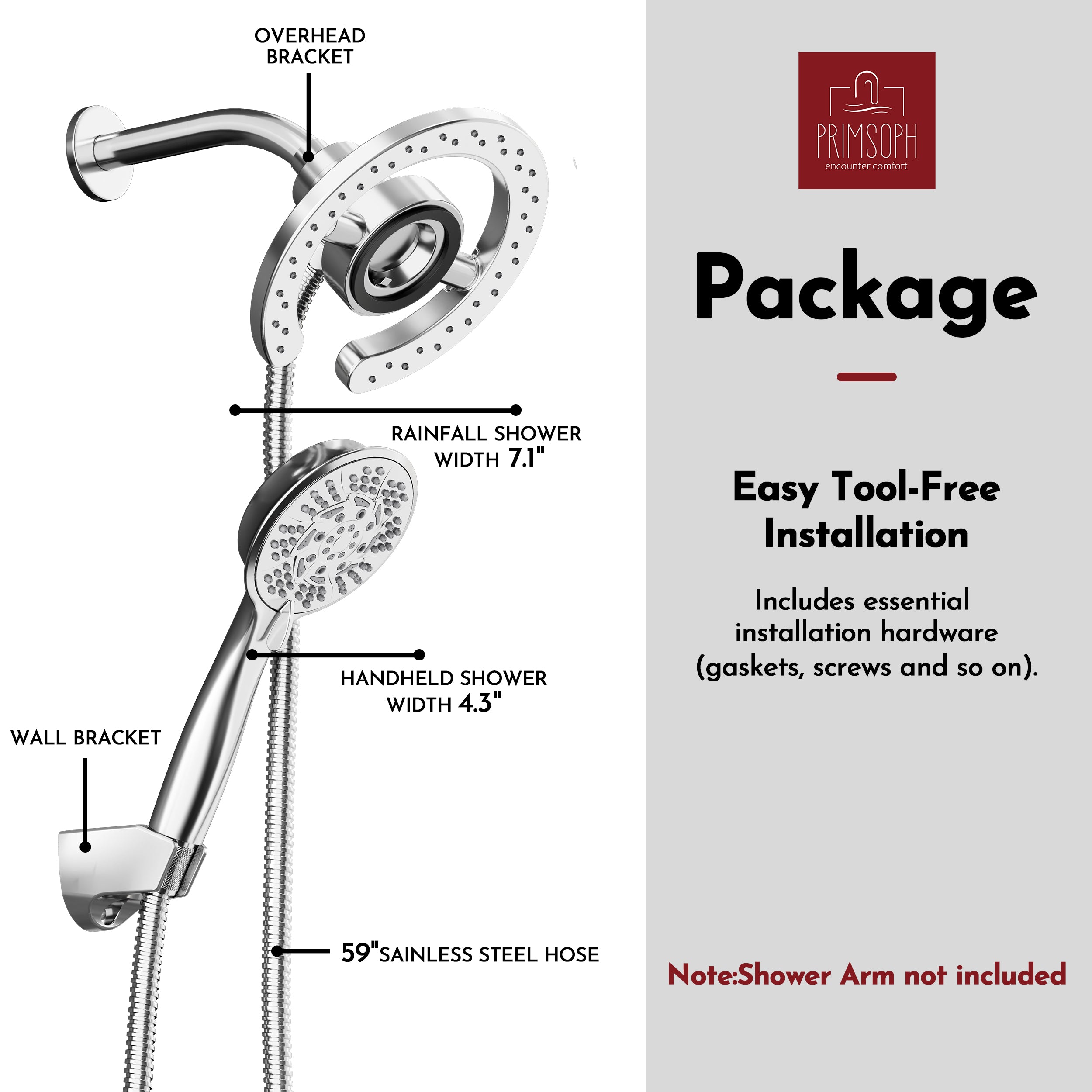 PRIMSOPH 10-Mode High Pressure Handheld and Round Rainfall Shower Head with Magnetic Docking and Stainless Steel Hose, Chrome