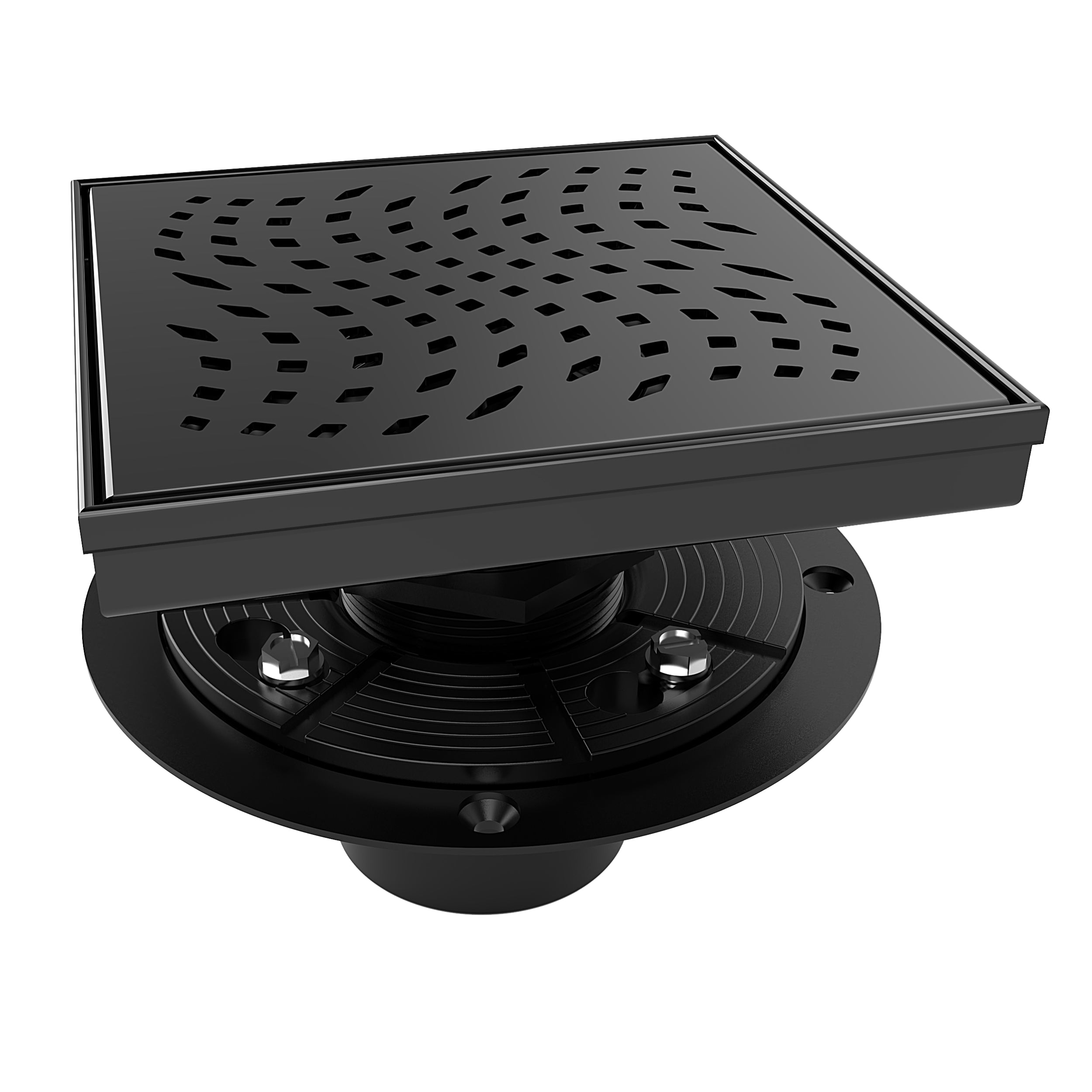 WEBANG 6 Inch Wave-Hole Pattern Square Shower Drain With Flange, Matte Black