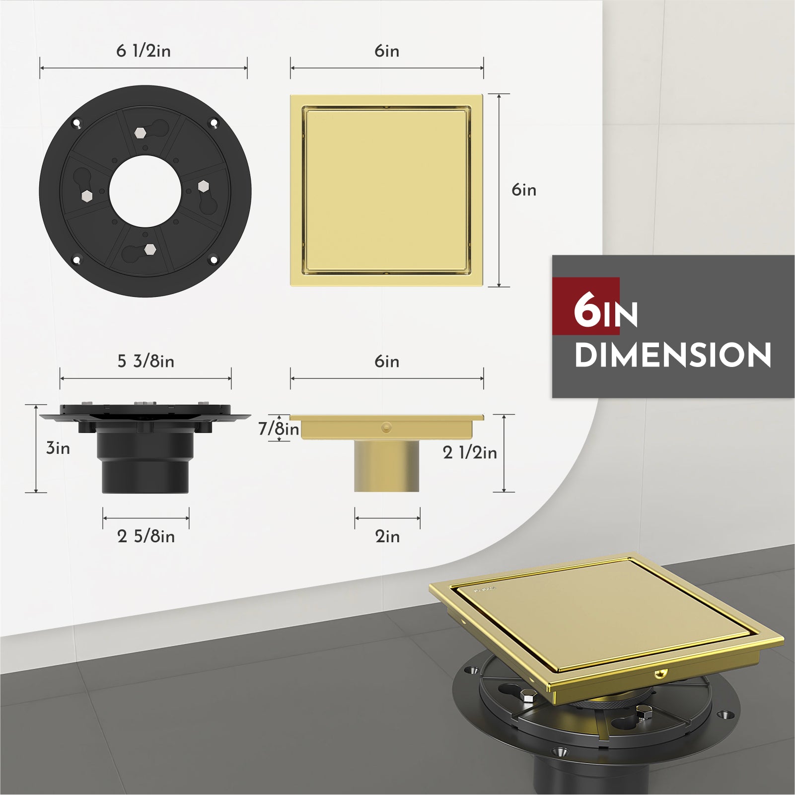 WEBANG 6 Inch Reversible 2-in-1 Square Shower Floor Drain With Flange, Brushed Gold