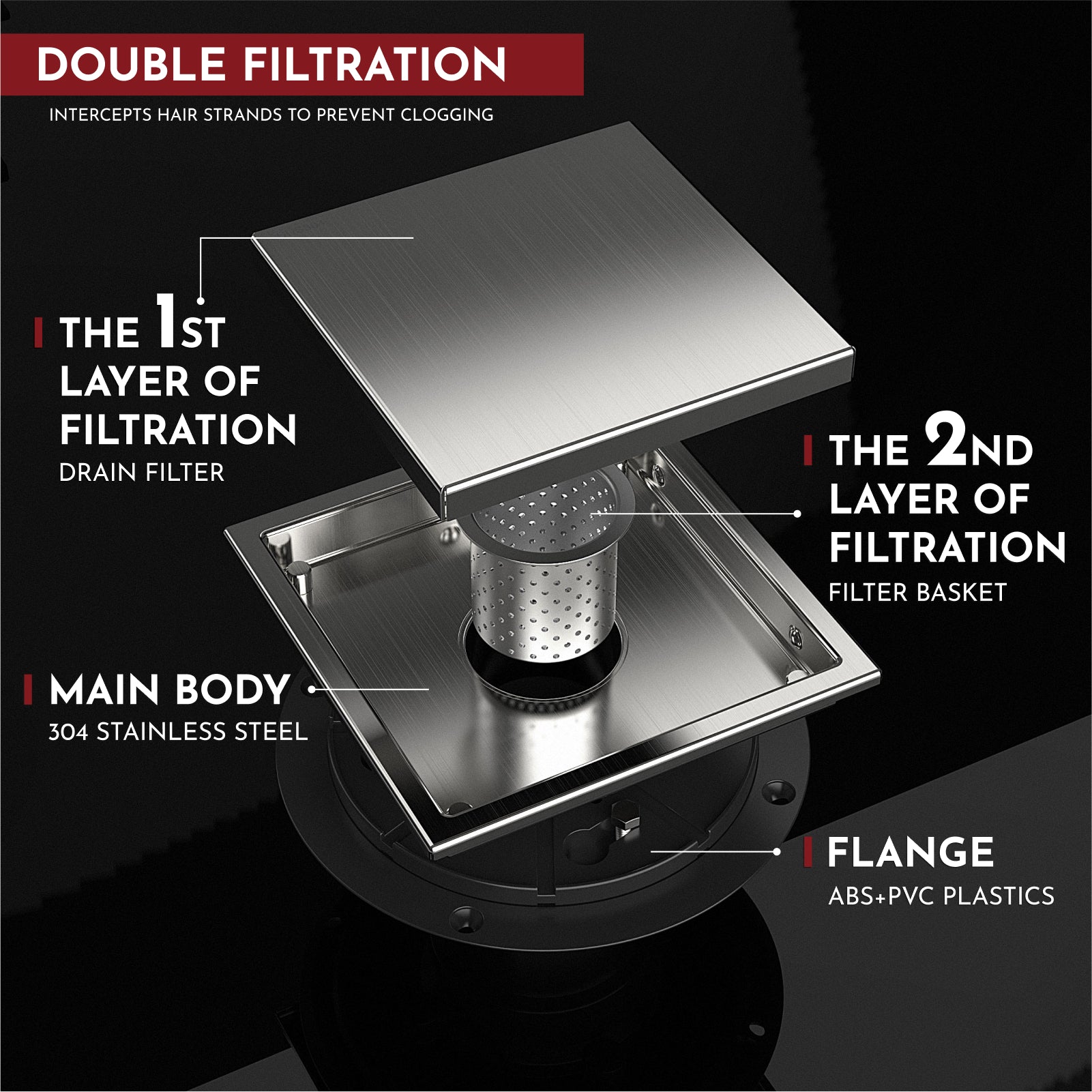 WEBANG 6 Inch Reversible 2-in-1 Square Shower Floor Drain With Flange, Brushed Stainless Steel