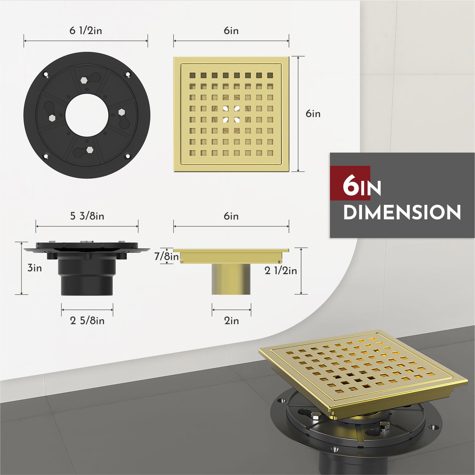 WEBANG 6 Inch Square Hole Pattern Square Shower Drain With Flange, Brushed Gold