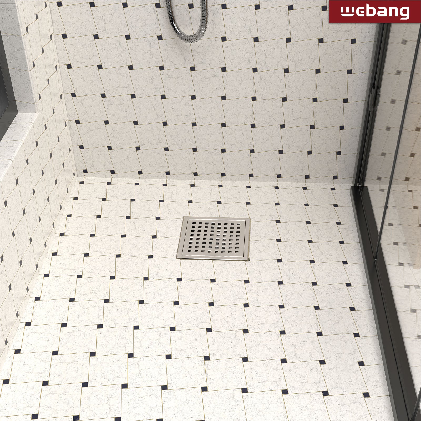 WEBANG 6 Inch Square Hole Pattern Square Shower Drain With Flange, Brushed Nickel