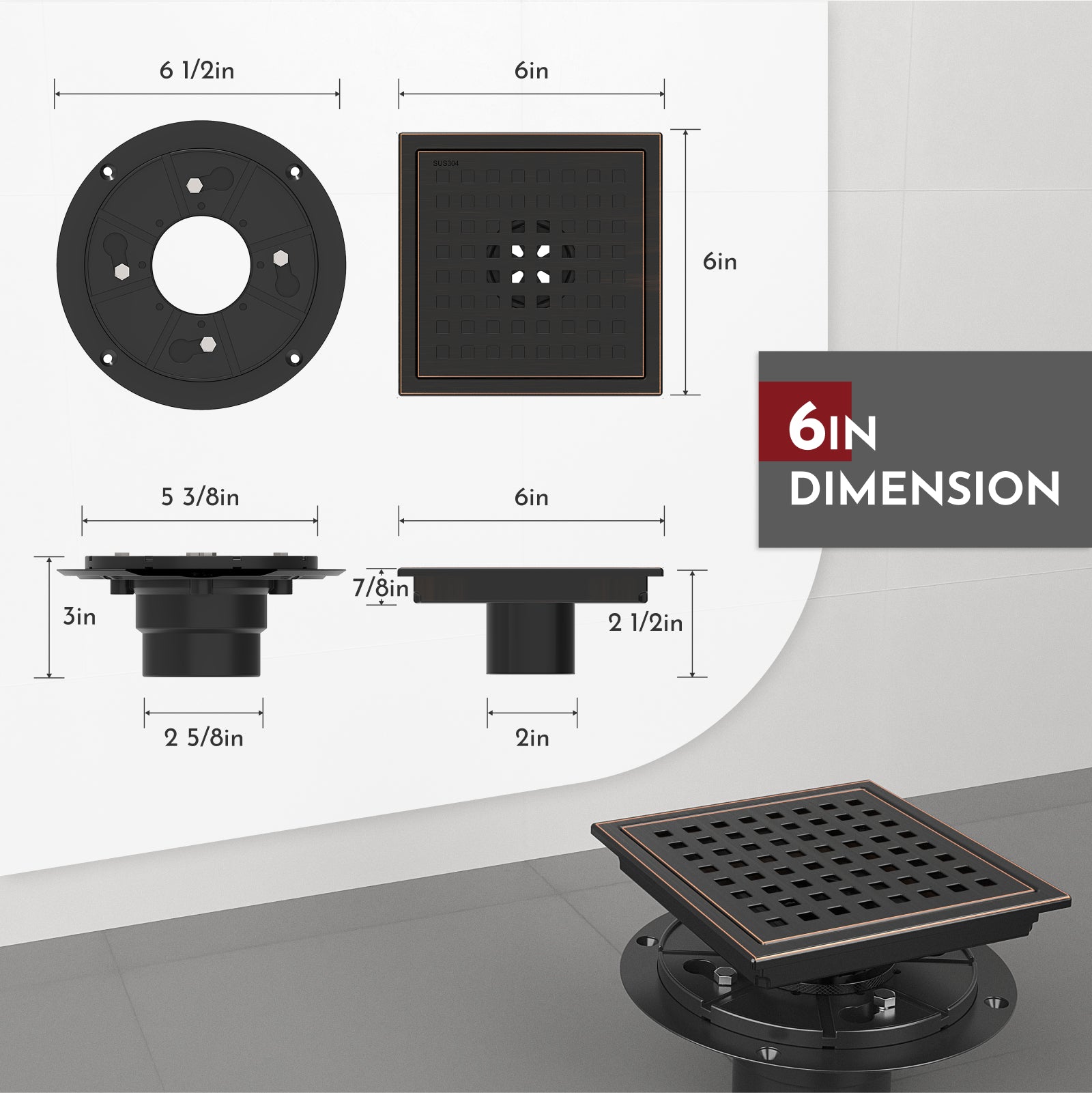 WEBANG 6 Inch Square Hole Pattern Square Shower Drain With Flange, Oil Rubbed Bronze