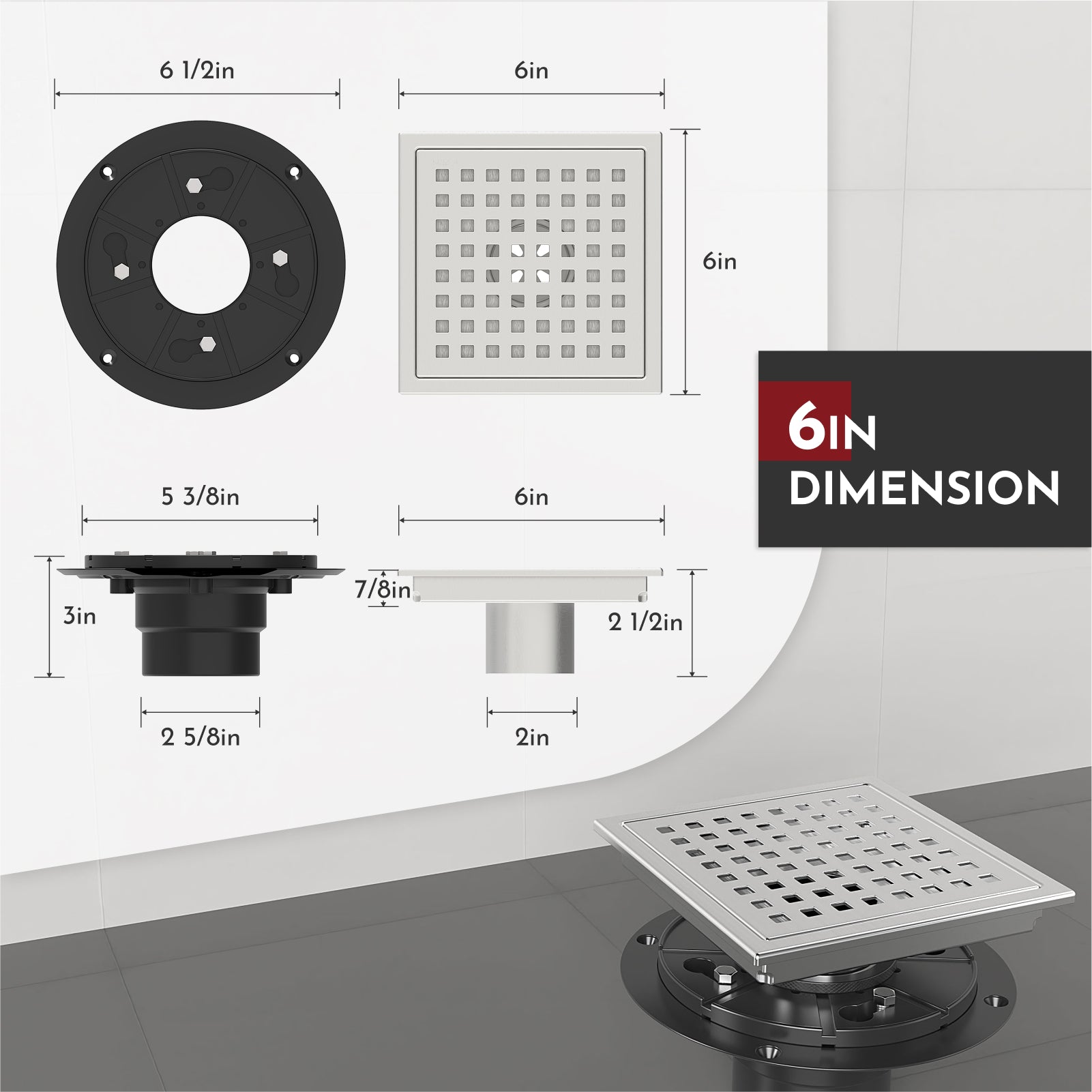 WEBANG 6 Inch Wide Frame Square Hole Pattern Square Shower Drain With Flange, Brushed Stainless Steel