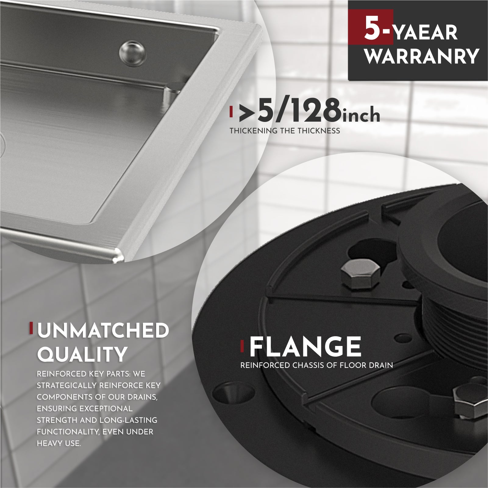 WEBANG 6 Inch Wide Frame Square Hole Pattern Square Shower Drain With Flange, Brushed Stainless Steel