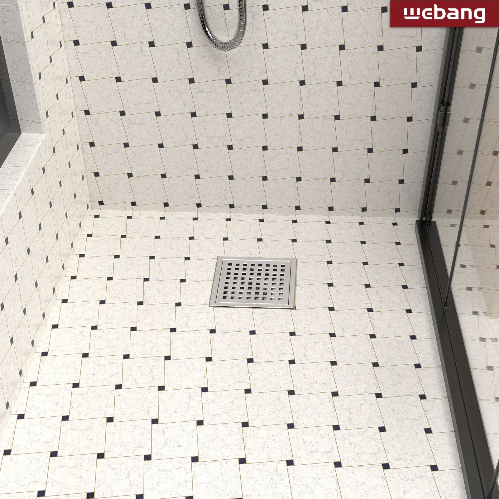 WEBANG 6 Inch Wide Frame Square Hole Pattern Square Shower Drain With Flange, Brushed Stainless Steel