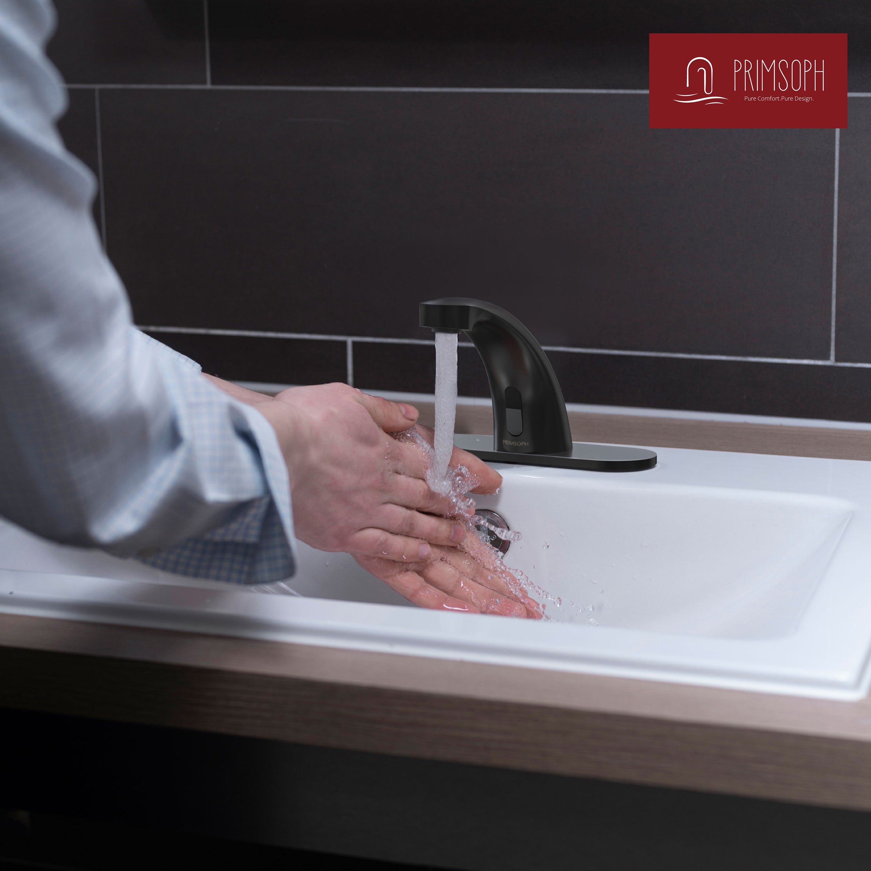 PRIMSOPH 8012 Compact Battery and Plug-In Powered Touchless Faucet with Temperature Mixer, Matte Black