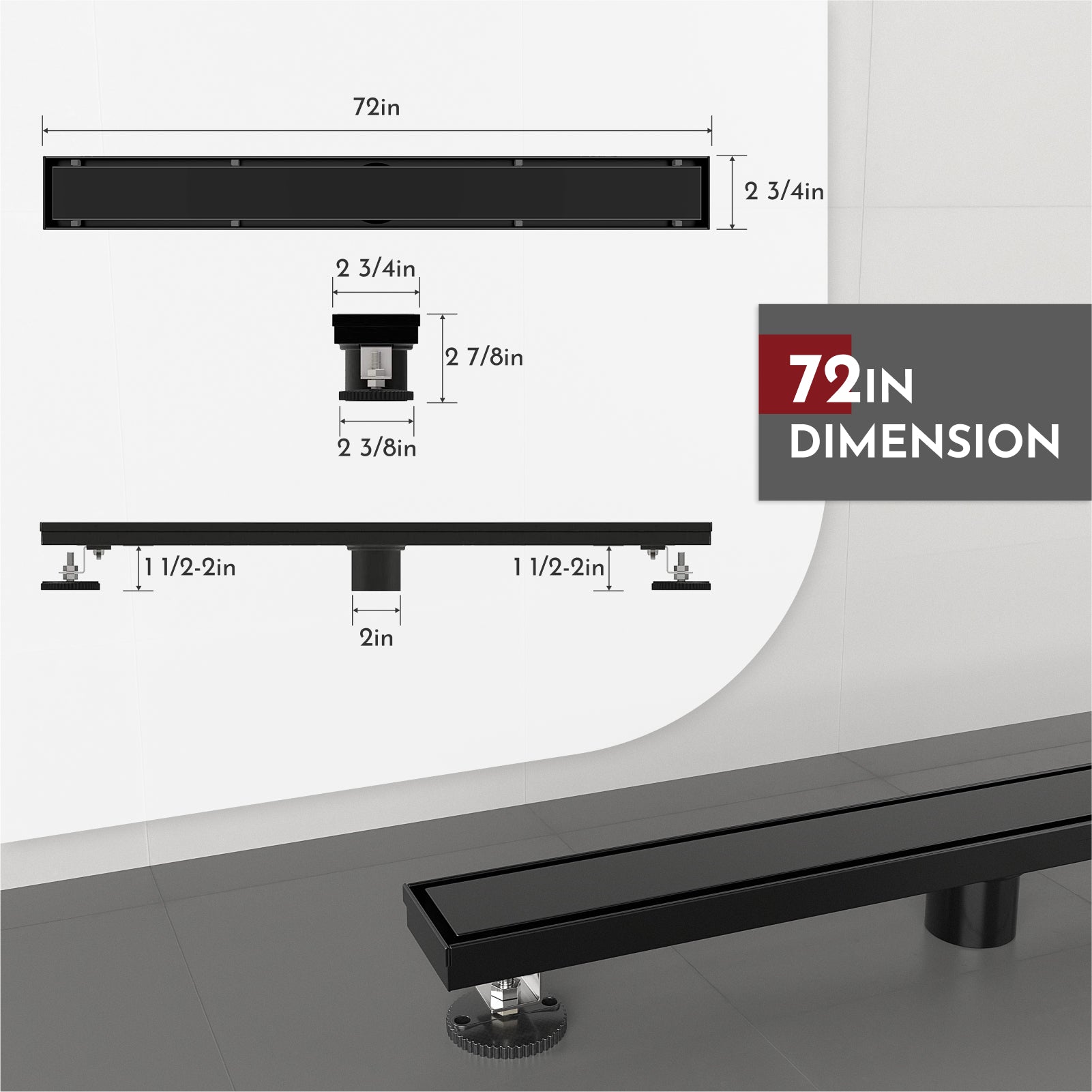 WEBANG 72 Inch Reversible 2-in-1 Linear Shower Drain With Accessories, Matte Black