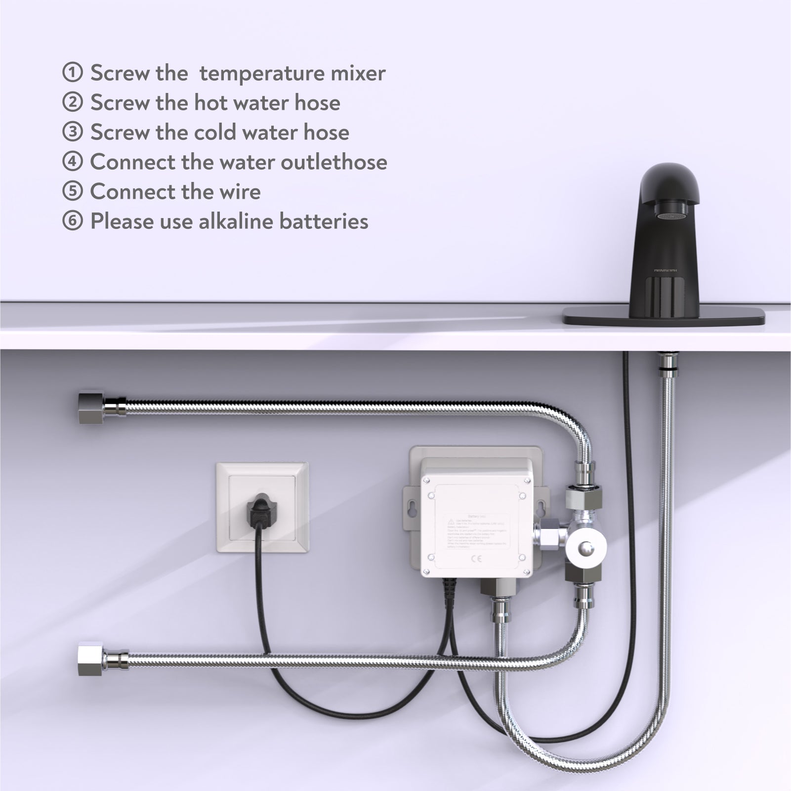 PRIMSOPH Model 8003 Battery and Plug-In Powered Touchless Faucet with Temperature Mixer, Matte Black