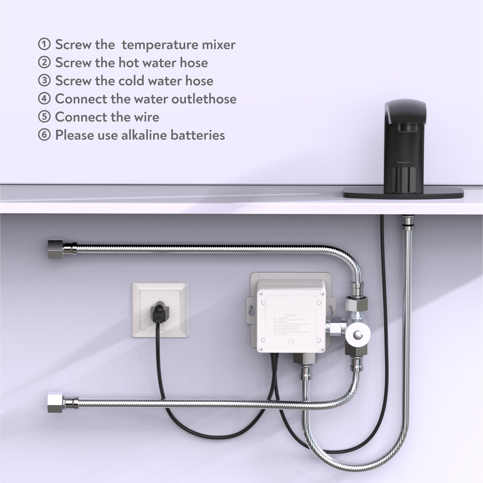 PRIMSOPH Model 8009 Battery and Plug-In Powered Touchless Faucet with Temperature Mixer, Matte Black