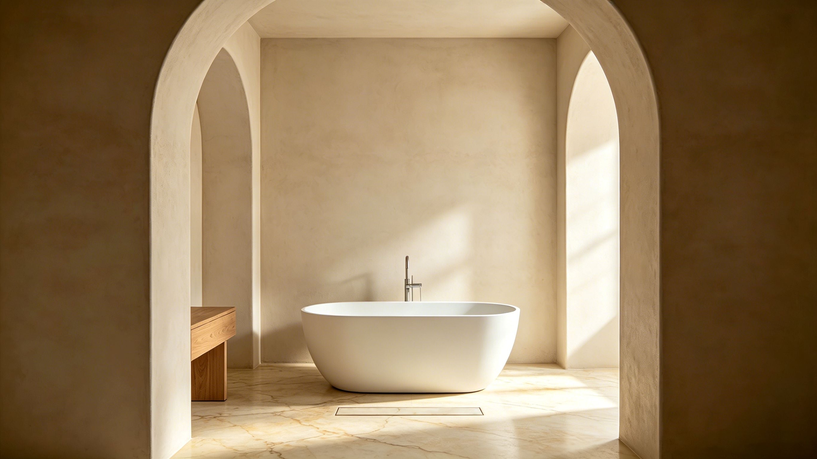 Modern bathroom with a freestanding bathtub in a sunlit alcove and Webang linear shower drain on the floor.