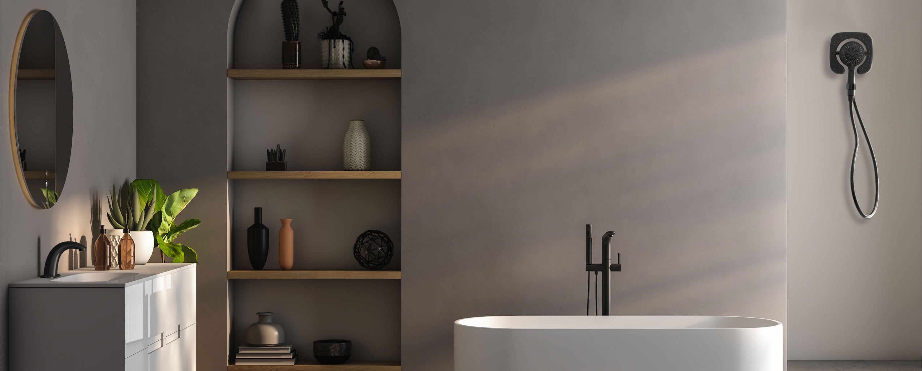 Modern bathroom with a freestanding bathtub, shelves, and decorative items.