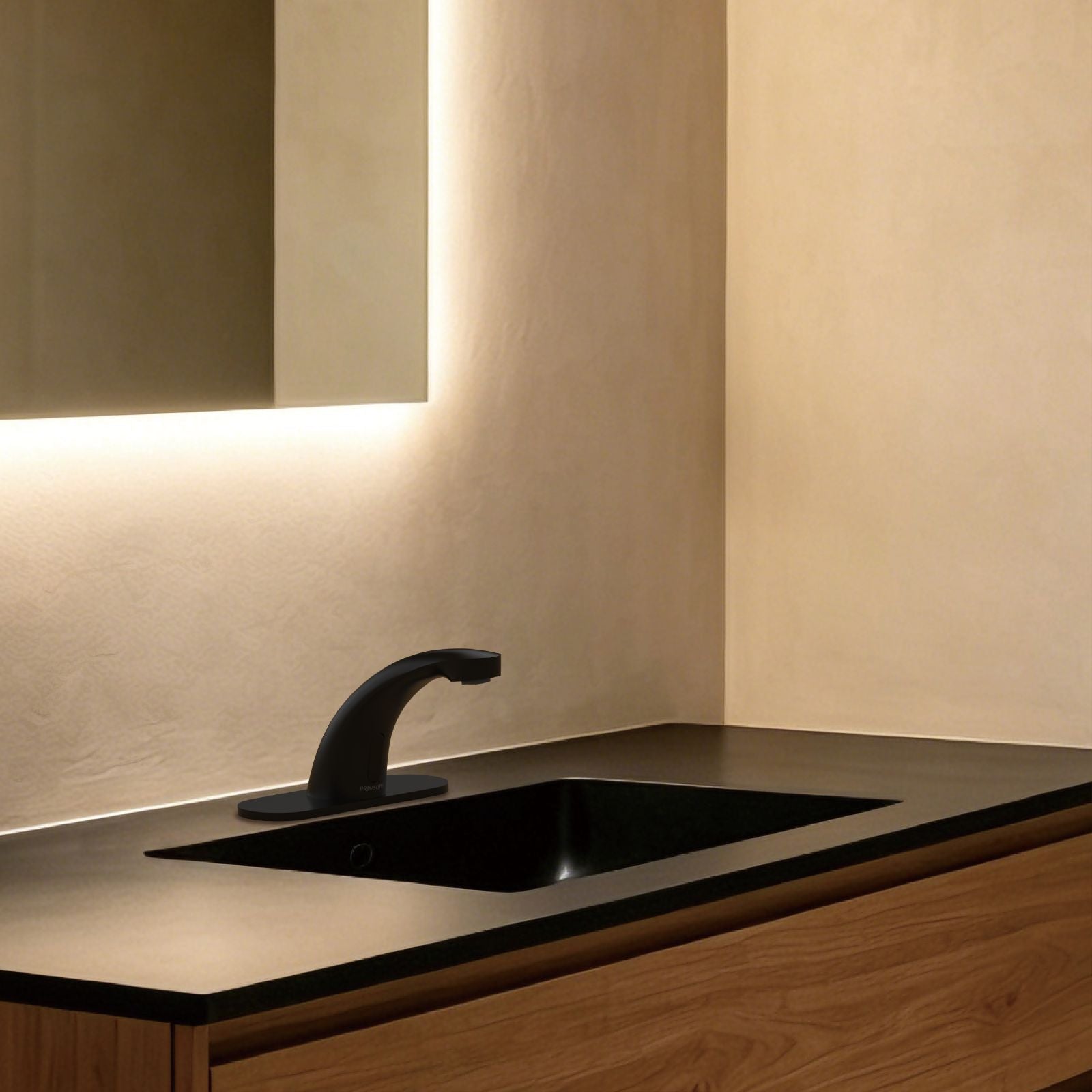 Modern bathroom sink with black Primsoph 8012 compact touchless faucet.
