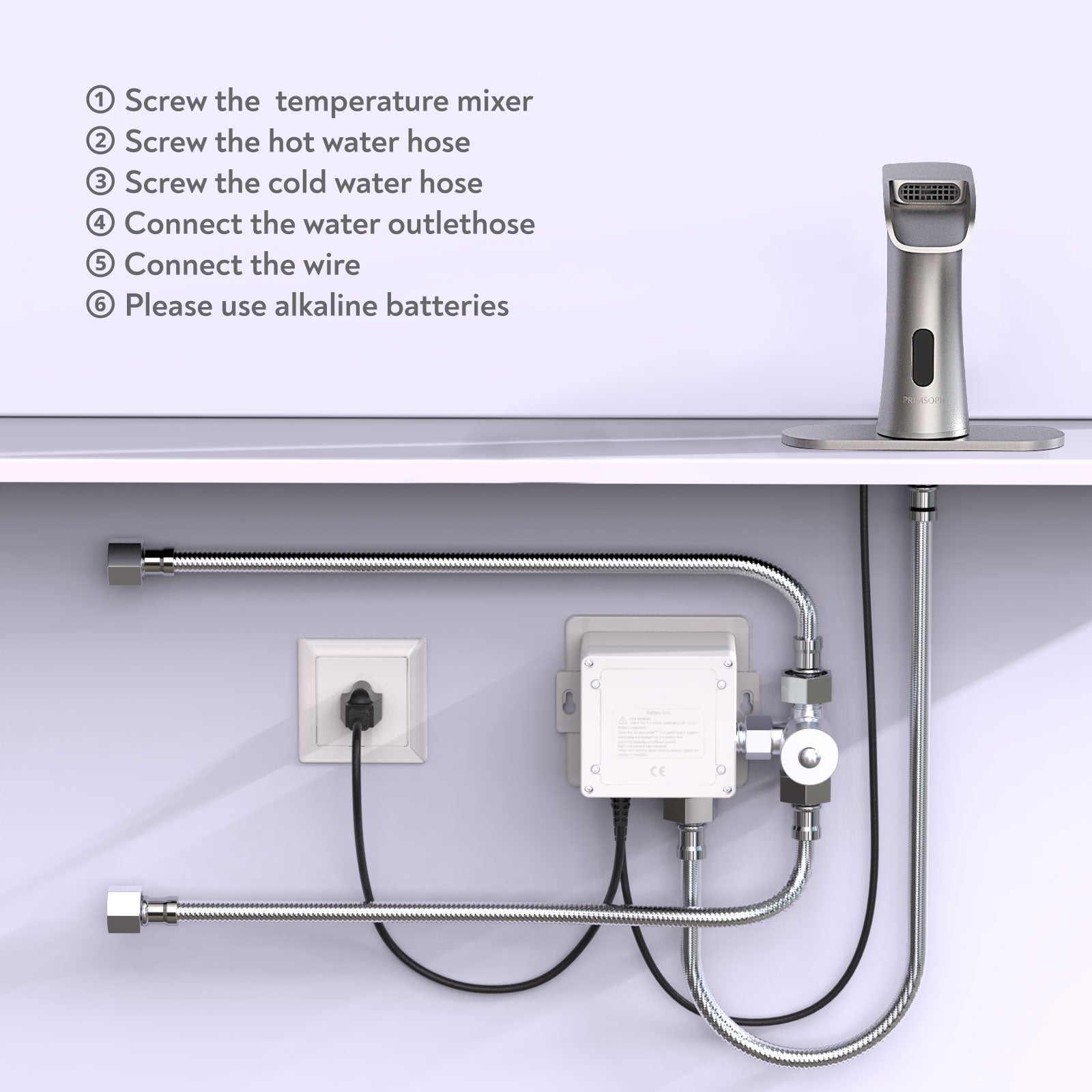 PRIMSOPH Waterfall Touchless Faucet with Temperature Mixer and Battery & Plug-In Power, Brushed Nickel