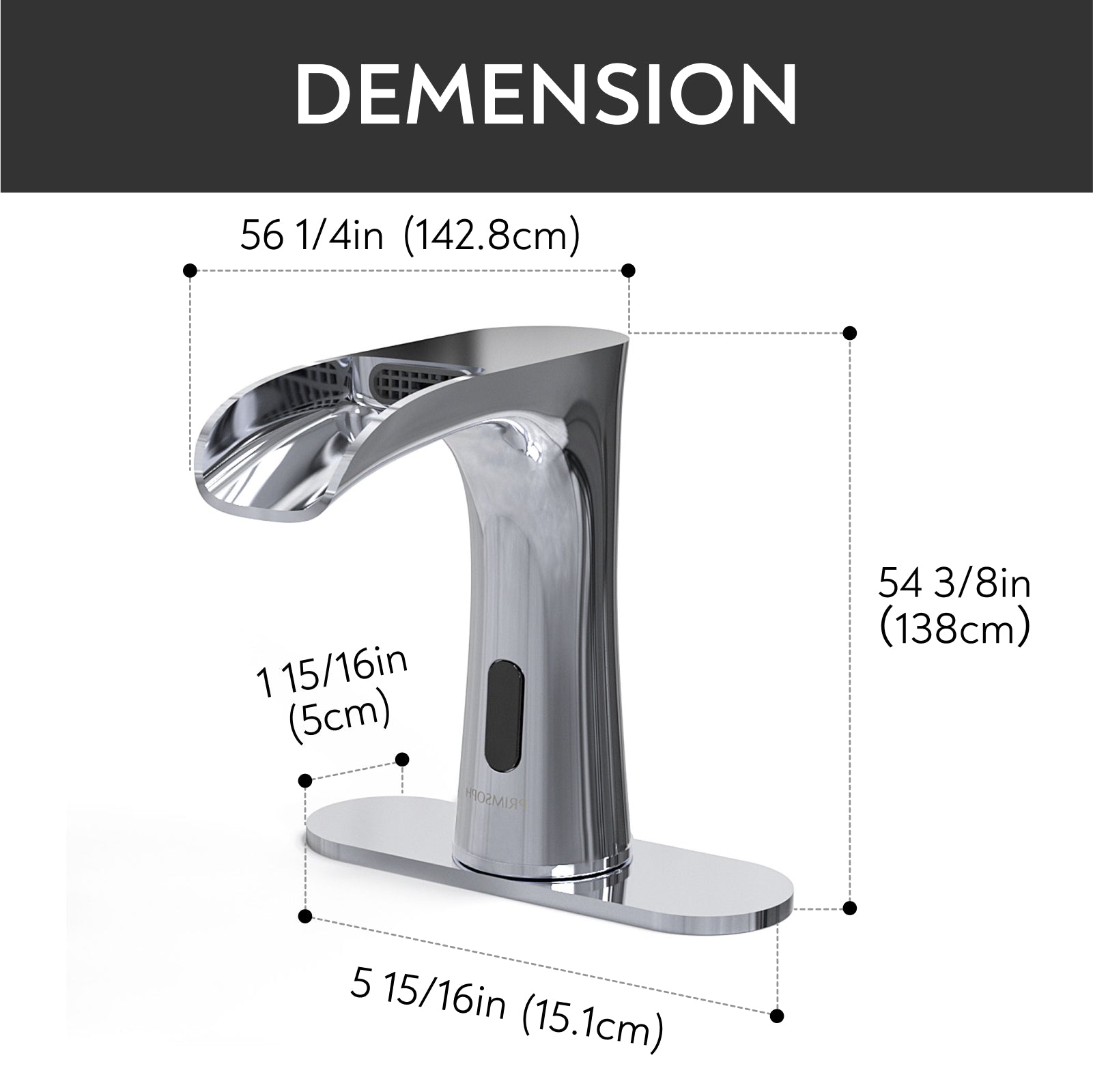 PRIMSOPH Waterfall Touchless Faucet with Temperature Mixer and Battery & Plug-In Power, Chrome