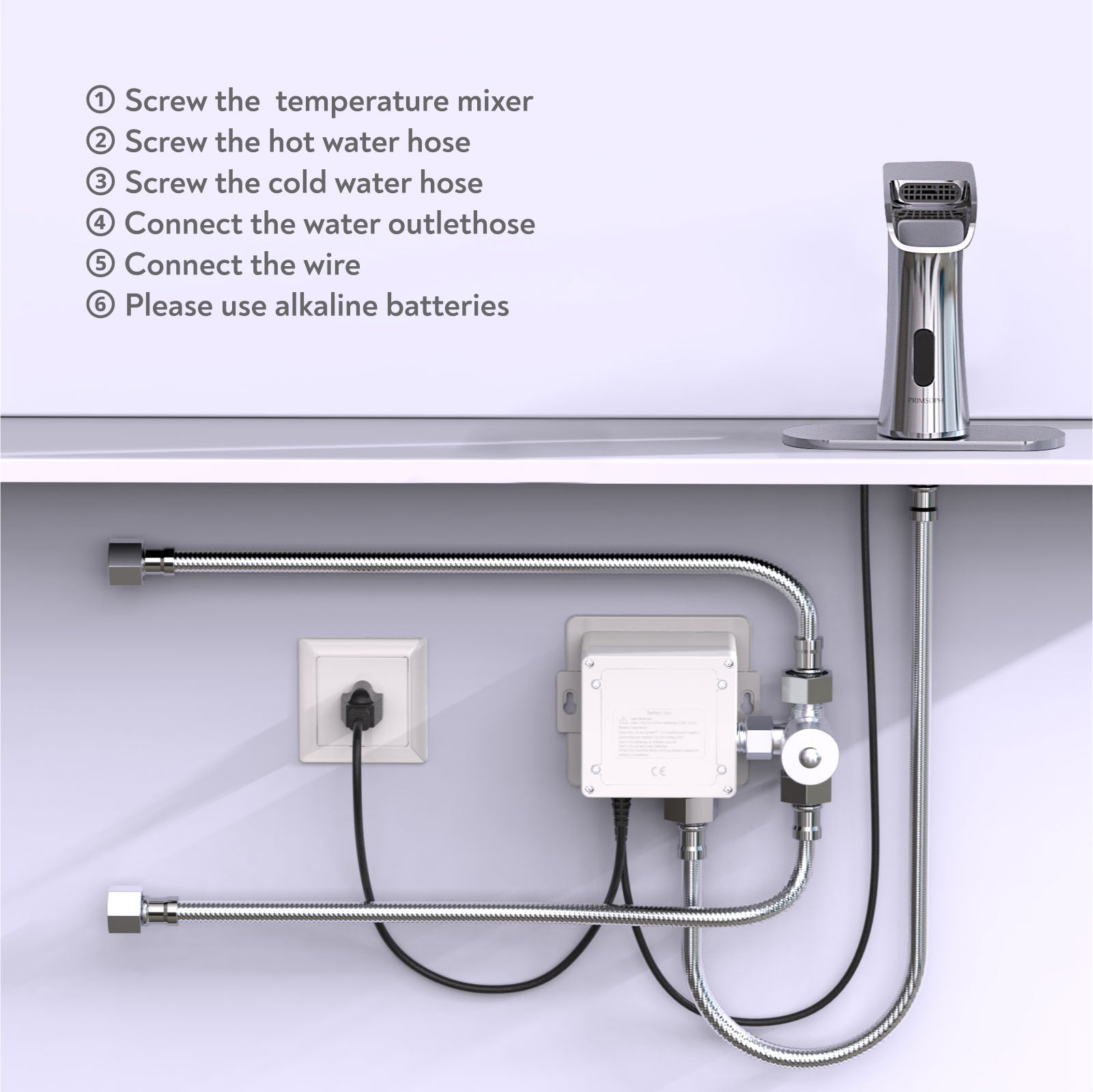 PRIMSOPH Waterfall Touchless Faucet with Temperature Mixer and Battery & Plug-In Power, Chrome