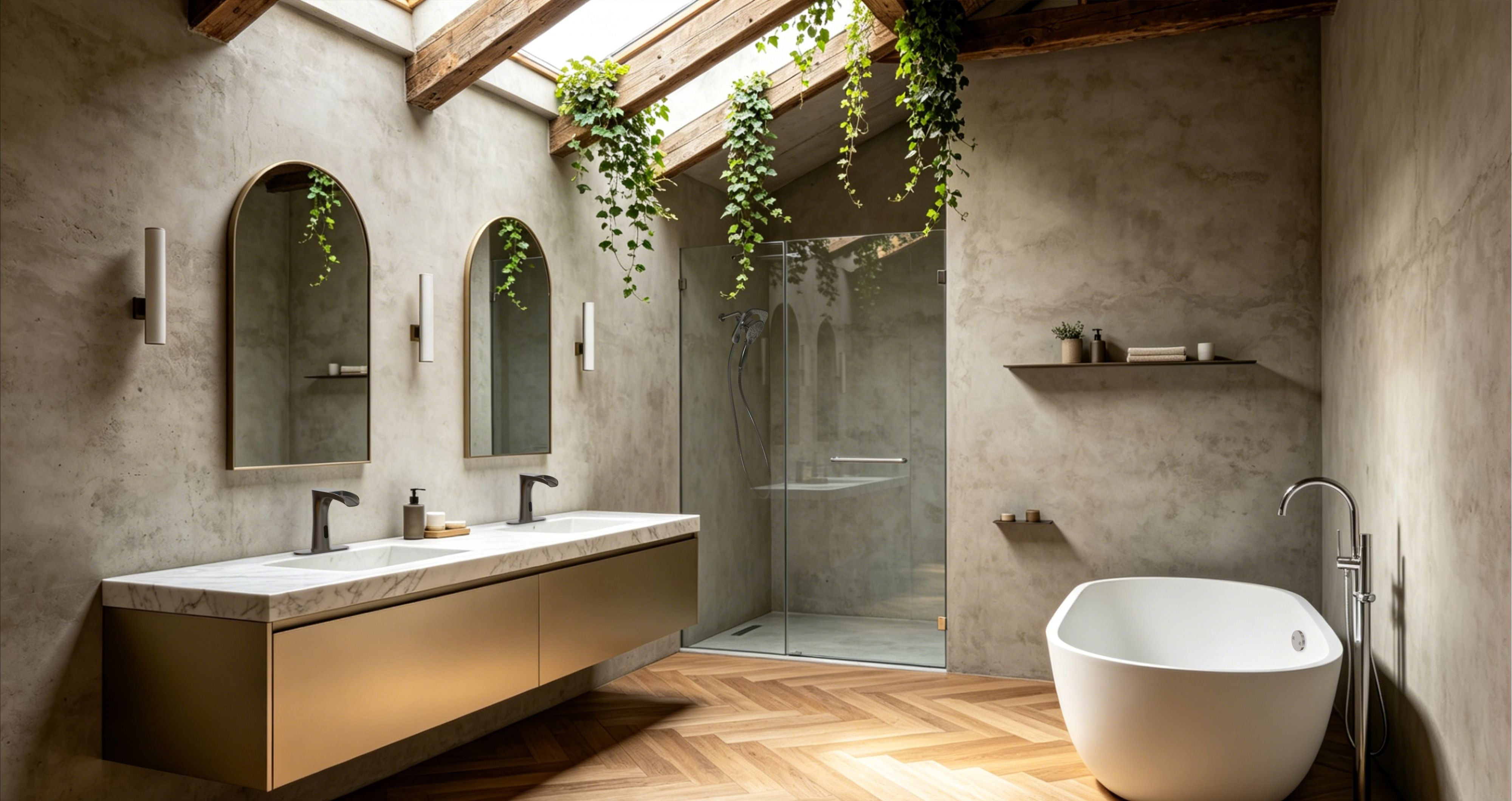 Modern bathroom with touchless faucets, shower heads and tub drains of Primsoph brand.