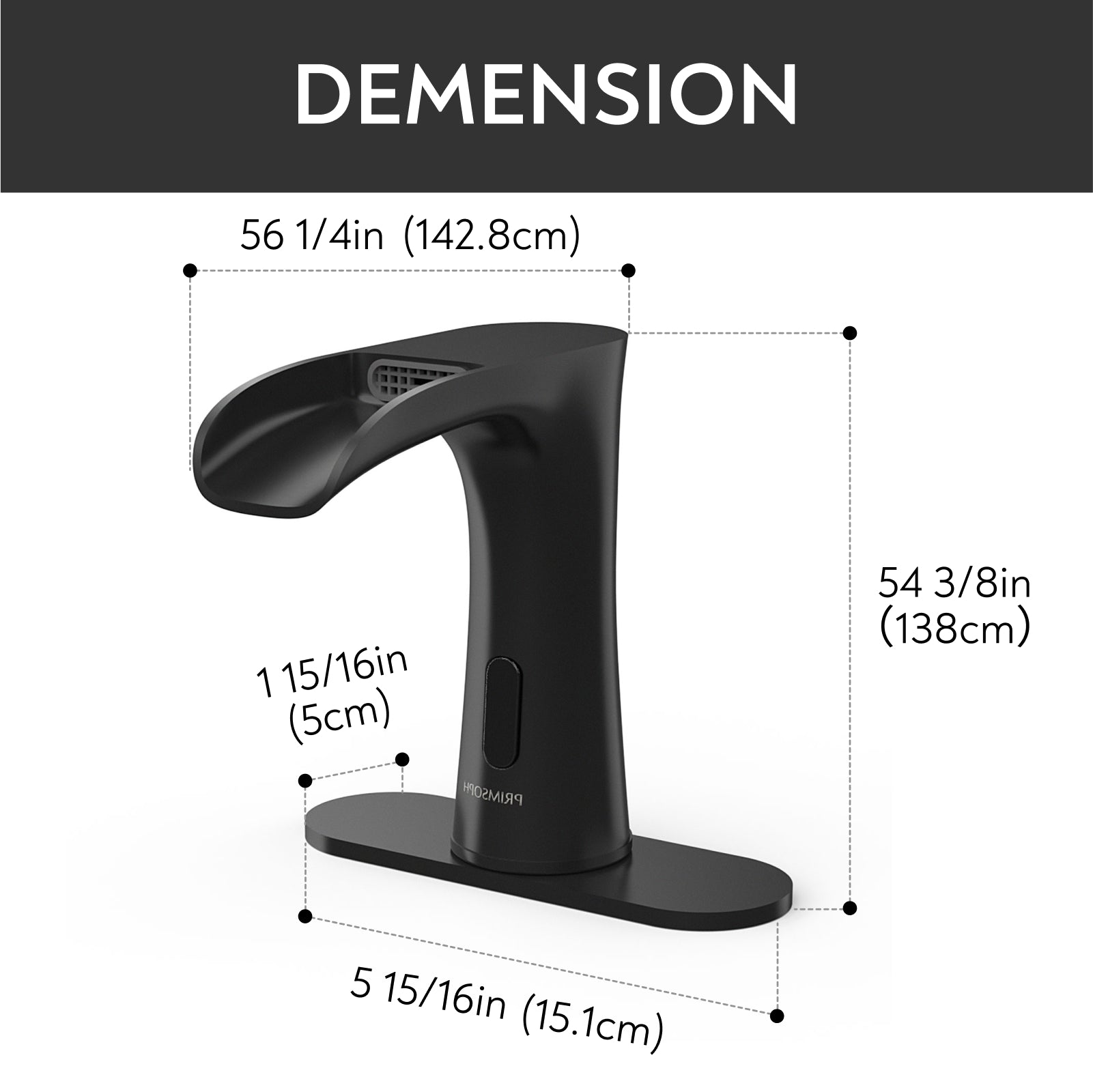 PRIMSOPH Waterfall Touchless Faucet with Temperature Mixer and Battery & Plug-In Power, Matte Black