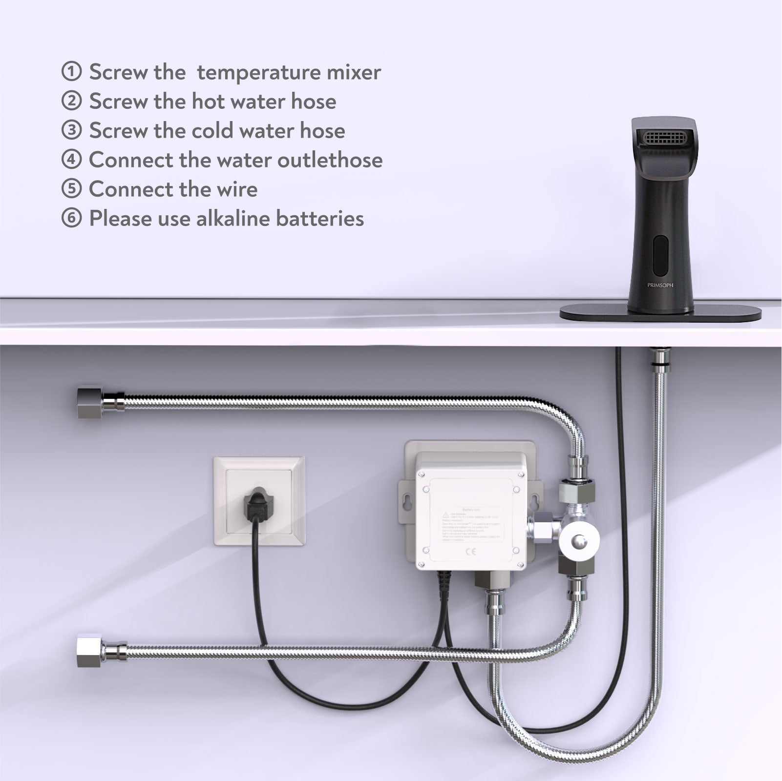 PRIMSOPH Waterfall Touchless Faucet with Temperature Mixer and Battery & Plug-In Power, Matte Black